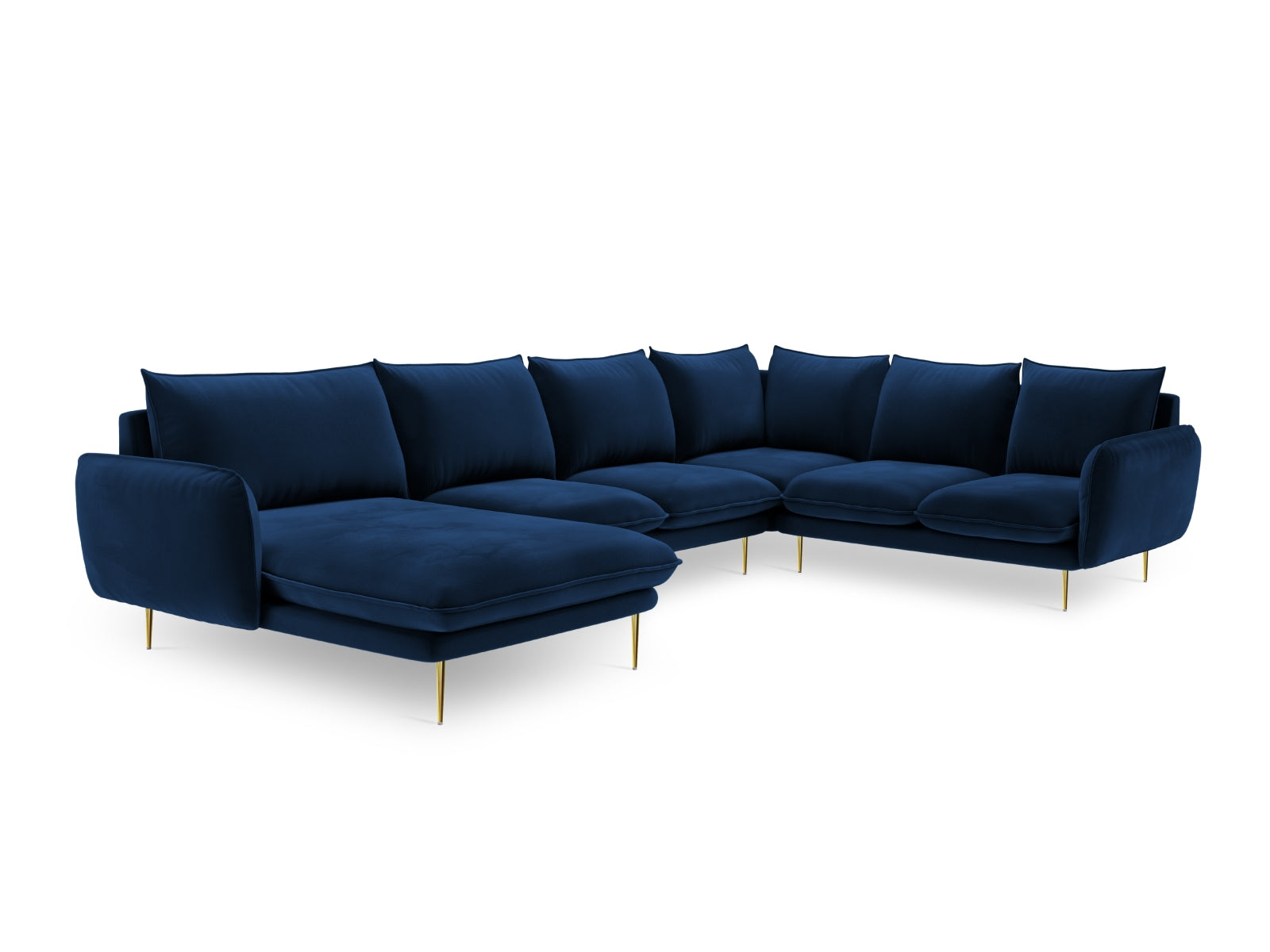 Vienna Velour Panoramic Ecksofa rechts 7 Sitzer 235cm in Royal Blue/Gold-Bluvel präsentiert im Onlineshop von KAQTU Design AG. Ecksofa rechts ist von Cosmopolitan Design