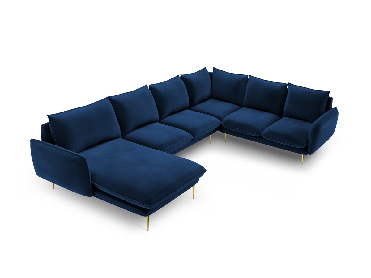 Vienna Velour Panoramic Ecksofa rechts 7 Sitzer 235cm in Royal Blue/Gold-Bluvel präsentiert im Onlineshop von KAQTU Design AG. Ecksofa rechts ist von Cosmopolitan Design