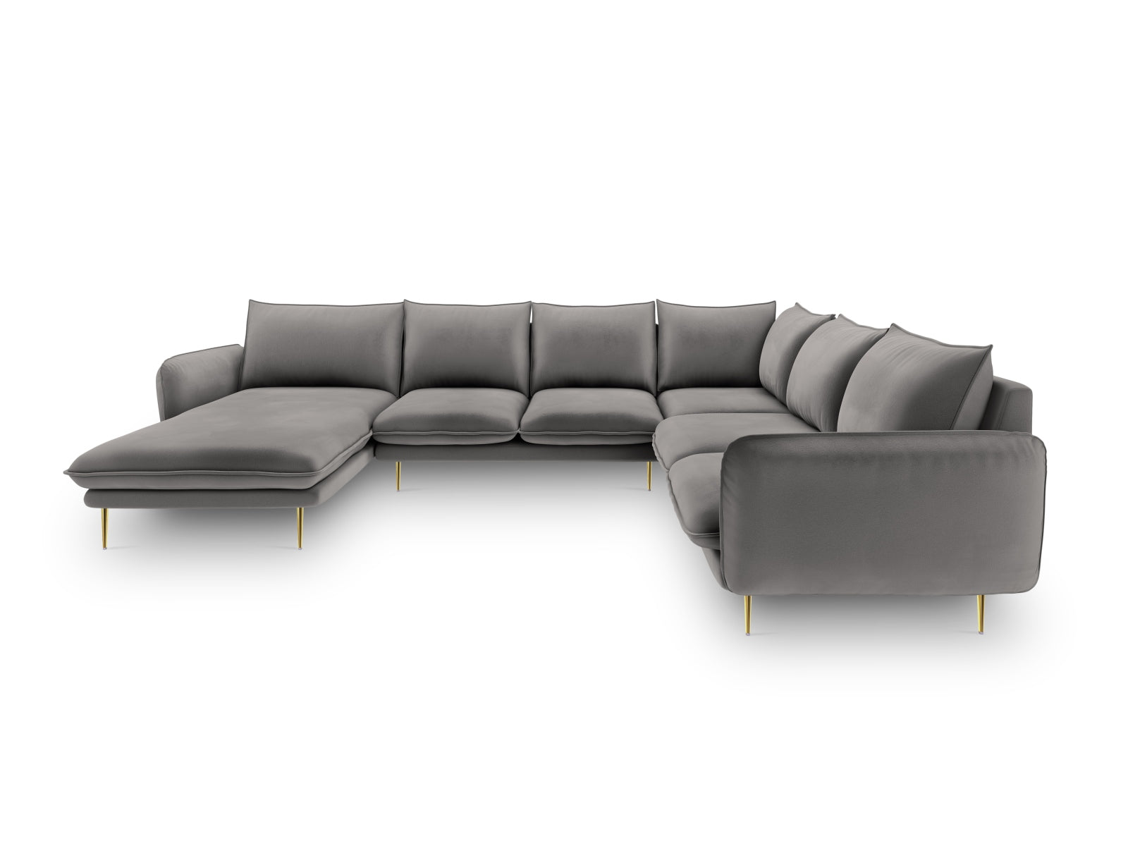 Elegantes Vienna Velour Panoramic Ecksofa rechts, 7 Sitzer, 235 cm in sanftem Hellgrau mit goldenen Akzenten, ideal für stilvolle Wohnräume.