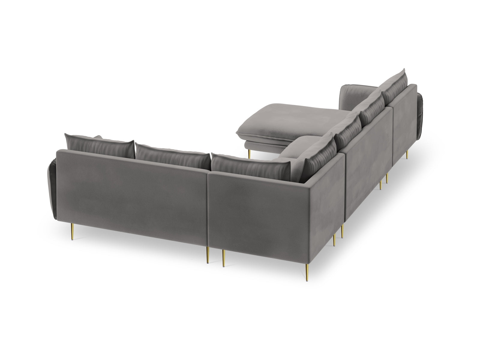 Elegantes 7-Sitzer Ecksofa in sanftem Hellgrau mit luxuriösem Velourbezug und stilvollen goldenen Akzenten, ideal für stilvolle Wohnräume.