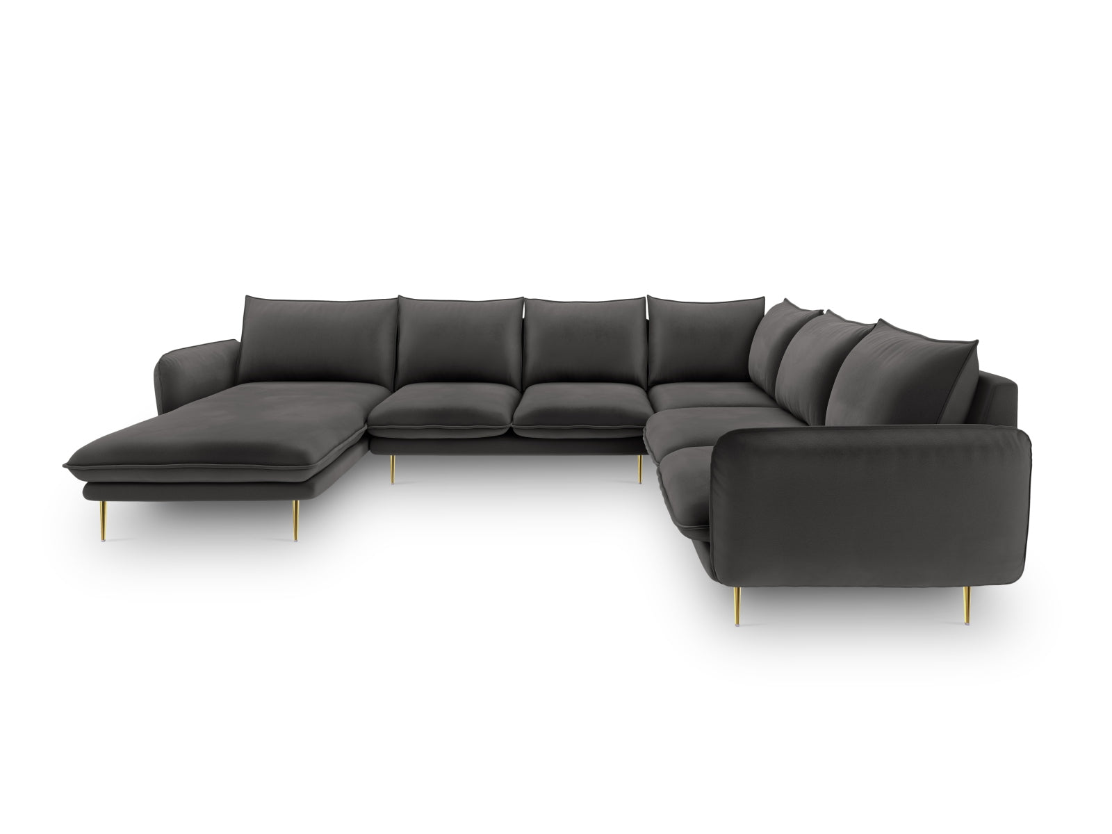 Elegantes 7-Sitzer Ecksofa in Dunkelgrau mit goldenen Akzenten, ideal für stilvolle Wohnräume. Perfekte Kombination aus Komfort und Design.