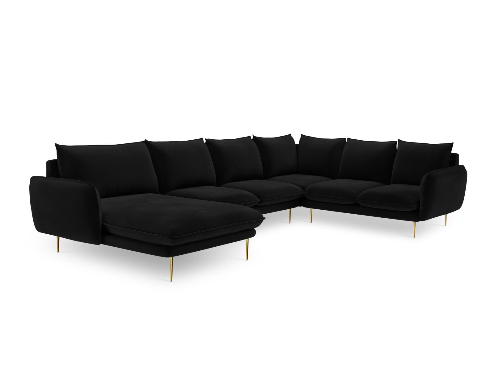 Luxuriöses 7-Sitzer Ecksofa Vienna in Velours, 235 cm, rechts, in edlem Schwarz/Gold-Bluvel, perfekt für stilvolle Wohnambiente.