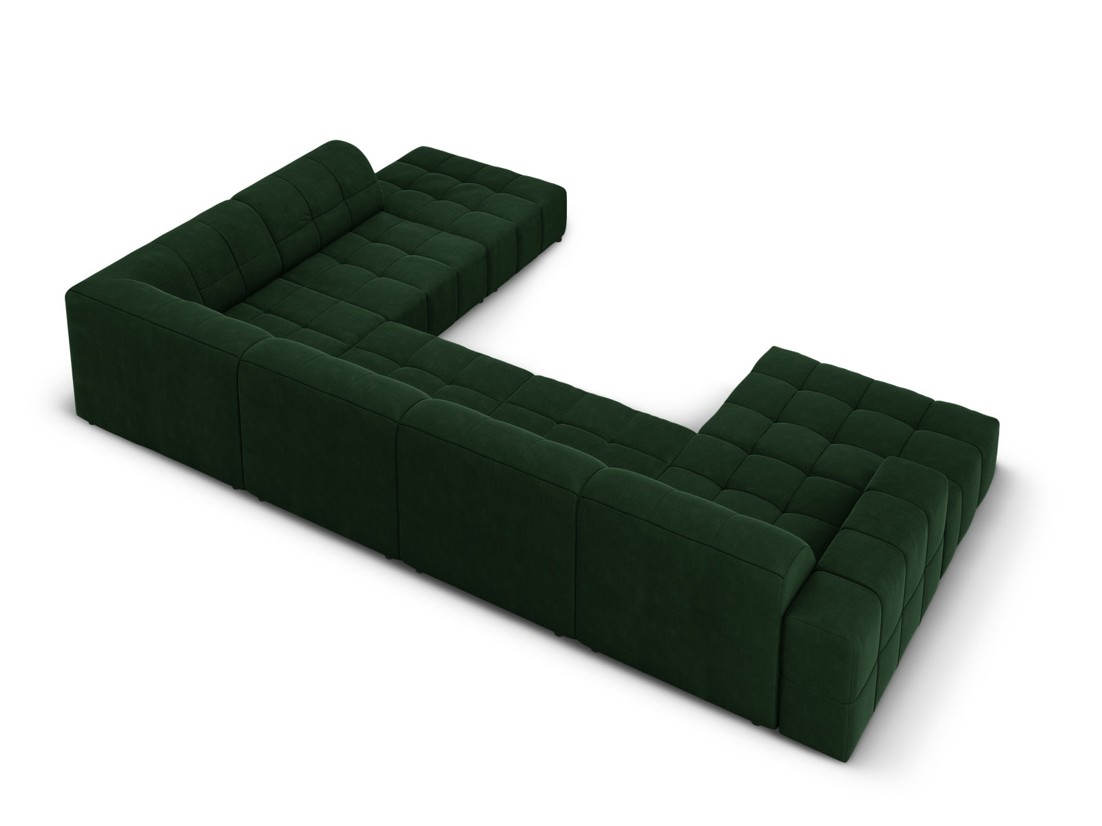 Modernes 7-sitziges Chicago Velour Panoramic Ecksofa in edlem Bottle Green-Bluvel, perfekt für gemütliche und stilvolle Wohnzimmer.