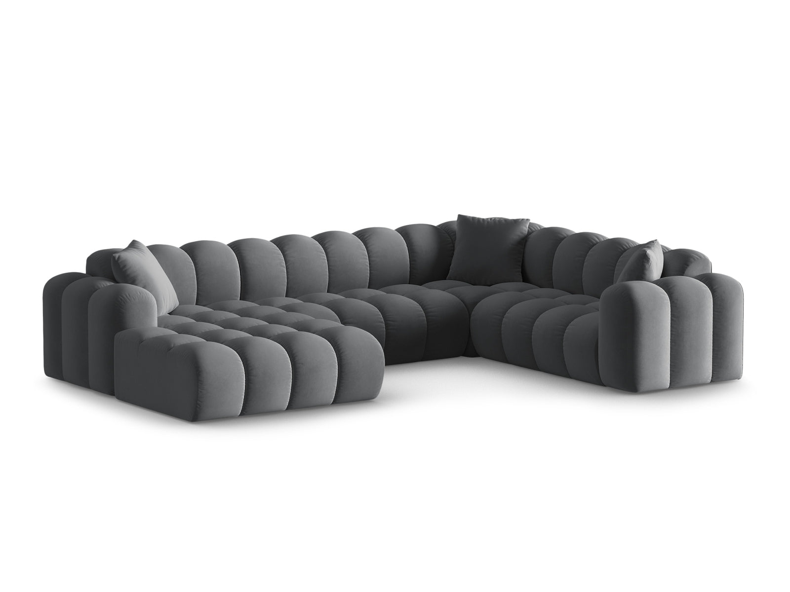 Elegantes 4-Sitzer Panoramic Ecksofa rechts Treno in stilvollem Grey-Bluvel, ideal für moderne Wohnräume.