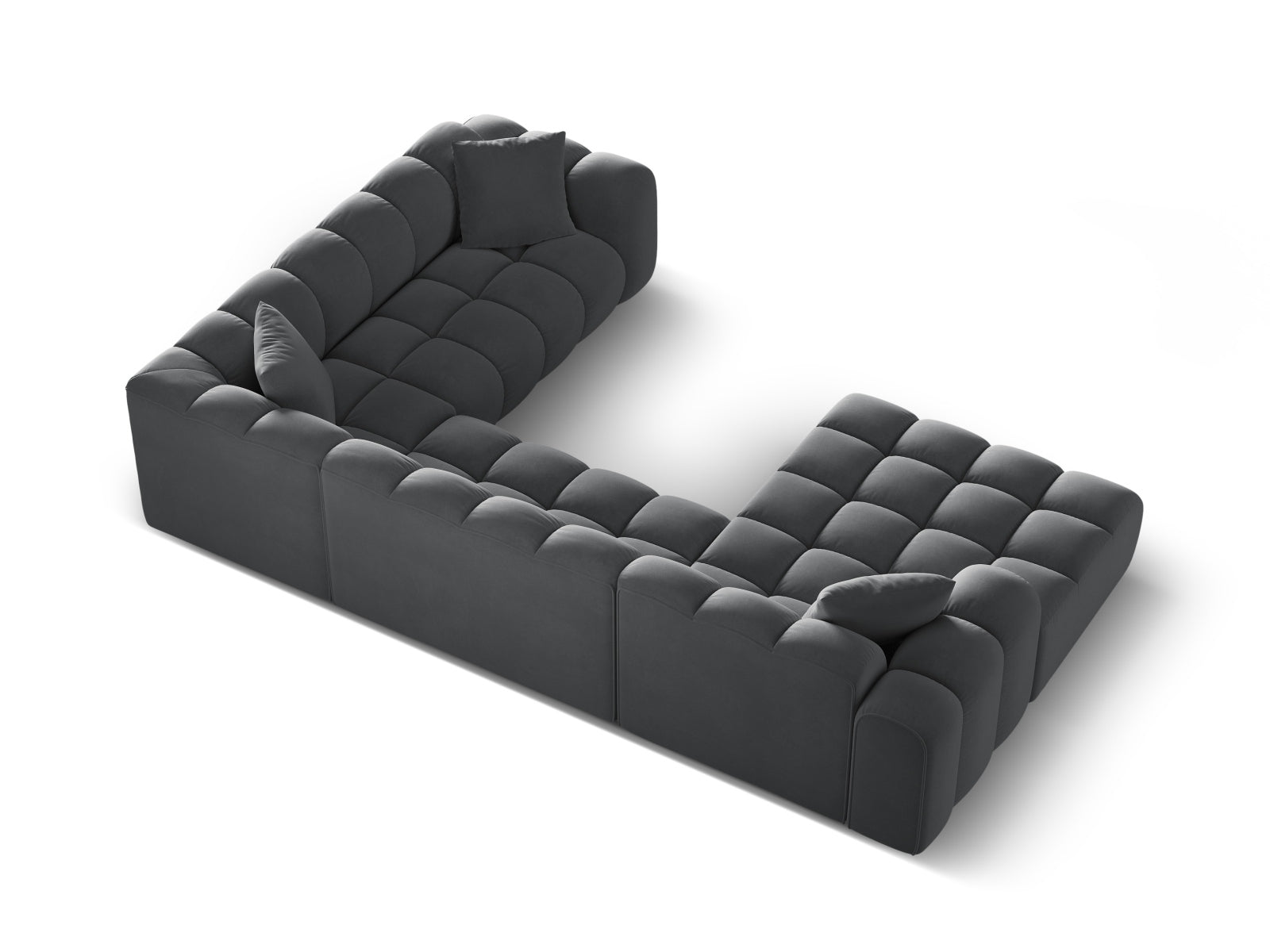 Modernes 4-Sitzer Ecksofa Treno in Grey-Bluvel, perfekt für stilvolle Wohnzimmer und gesellige Stunden mit Freunden und Familie.