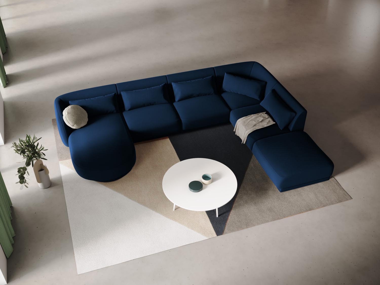 Elegantes Tulum Velour Panoramic Ecksofa in Royal Blue, 6-Sitzer, 255 cm, ideal für stilvolle Wohnräume, präsentiert von Cosmopolitan Design.
