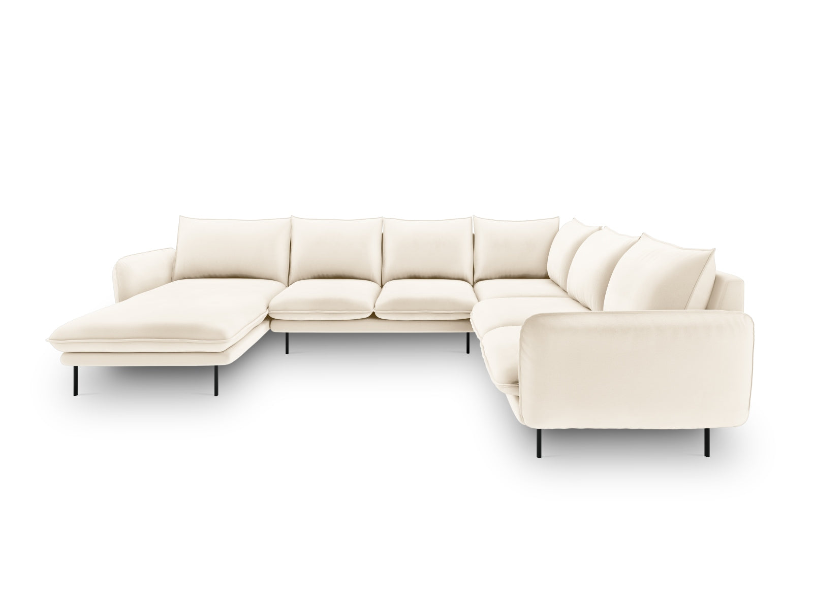 Elegantes Vienna Velour Panoramic Ecksofa in Light Beige und Schwarz-Bluvel, ideal für stilvolle Wohnräume, 7 Sitzer, 235 cm.