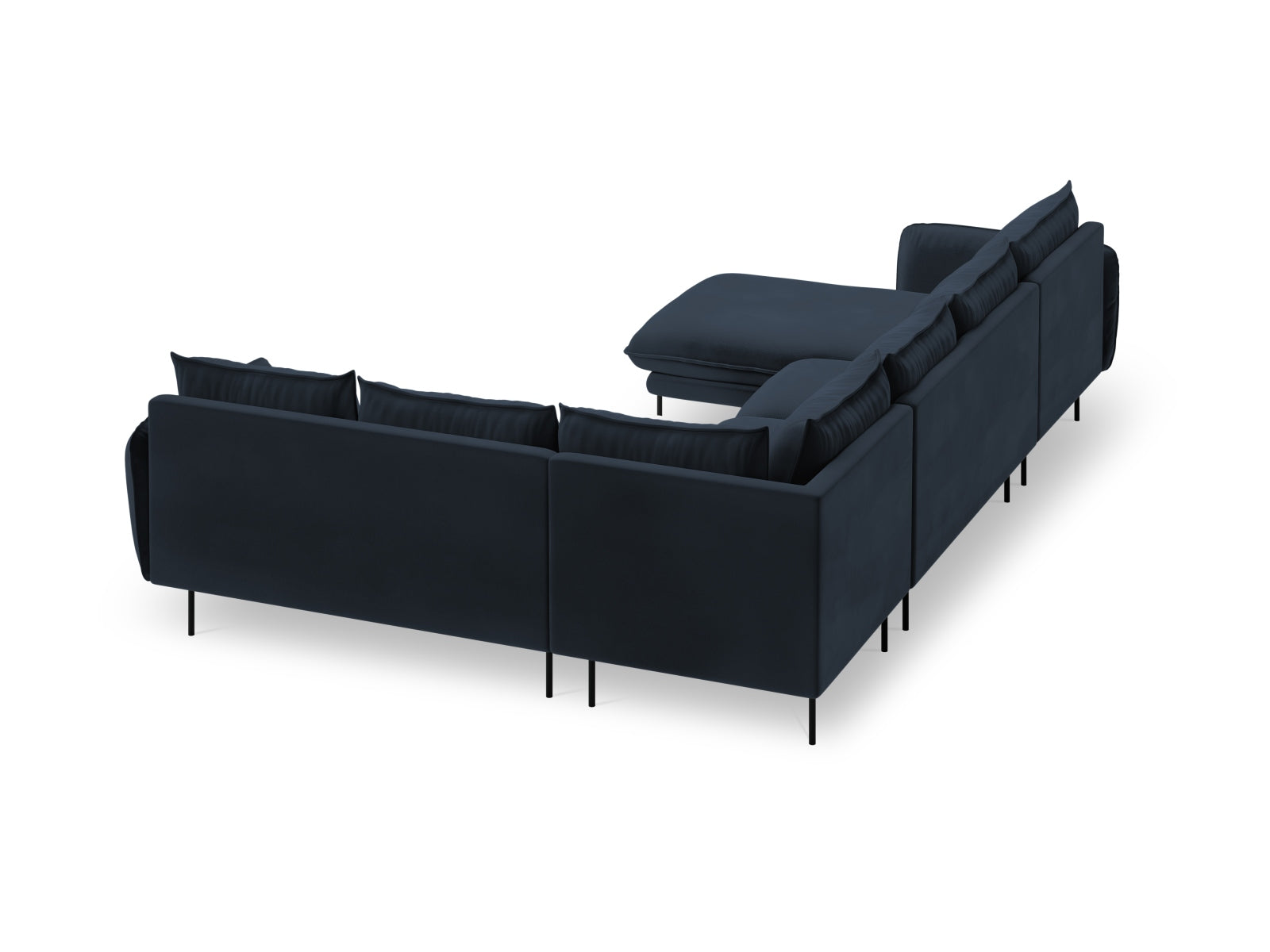 Elegantes 7-sitziges Ecksofa in tiefem Blau, 235 cm, aus hochwertigem Velour, ideal für stilvolle Wohnräume und gesellige Abende.