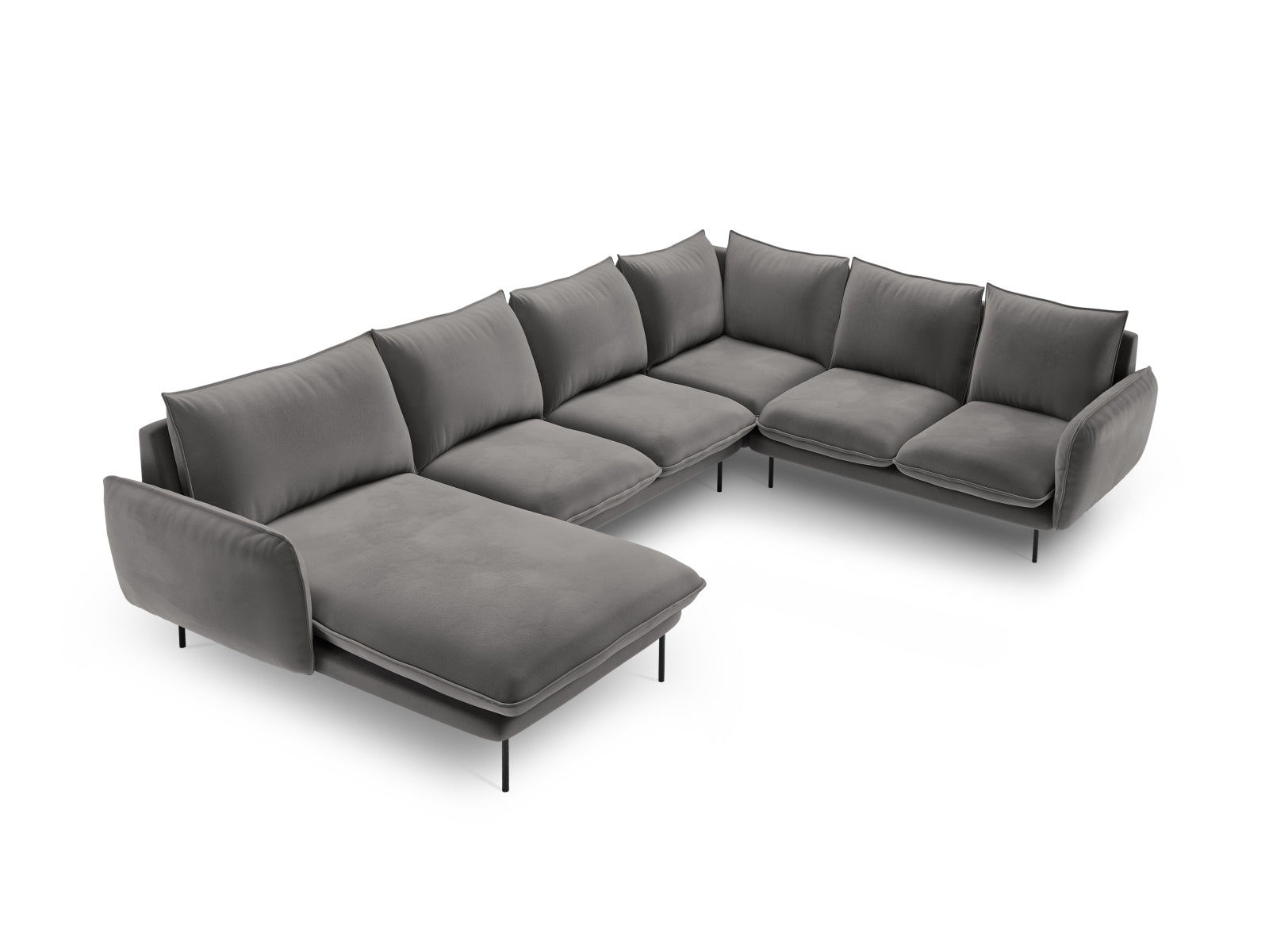 Vienna Velour Panoramic Ecksofa rechts 7 Sitzer 235cm in Light Grey/Schwarz-Bluvel präsentiert im Onlineshop von KAQTU Design AG. Ecksofa rechts ist von Cosmopolitan Design