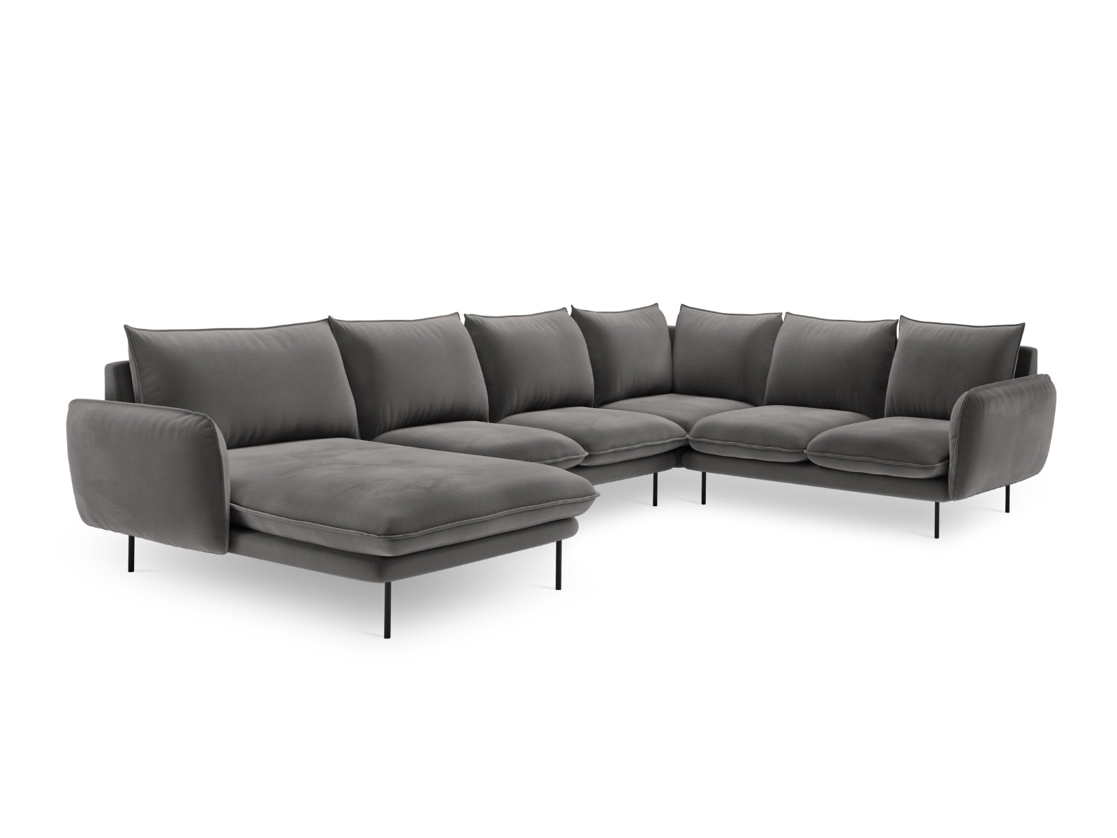 Modernes 7-Sitzer Ecksofa in Velours, rechte Ausführung, in sanften Grautönen, perfekt für gemütliche und stilvolle Wohnlandschaften.