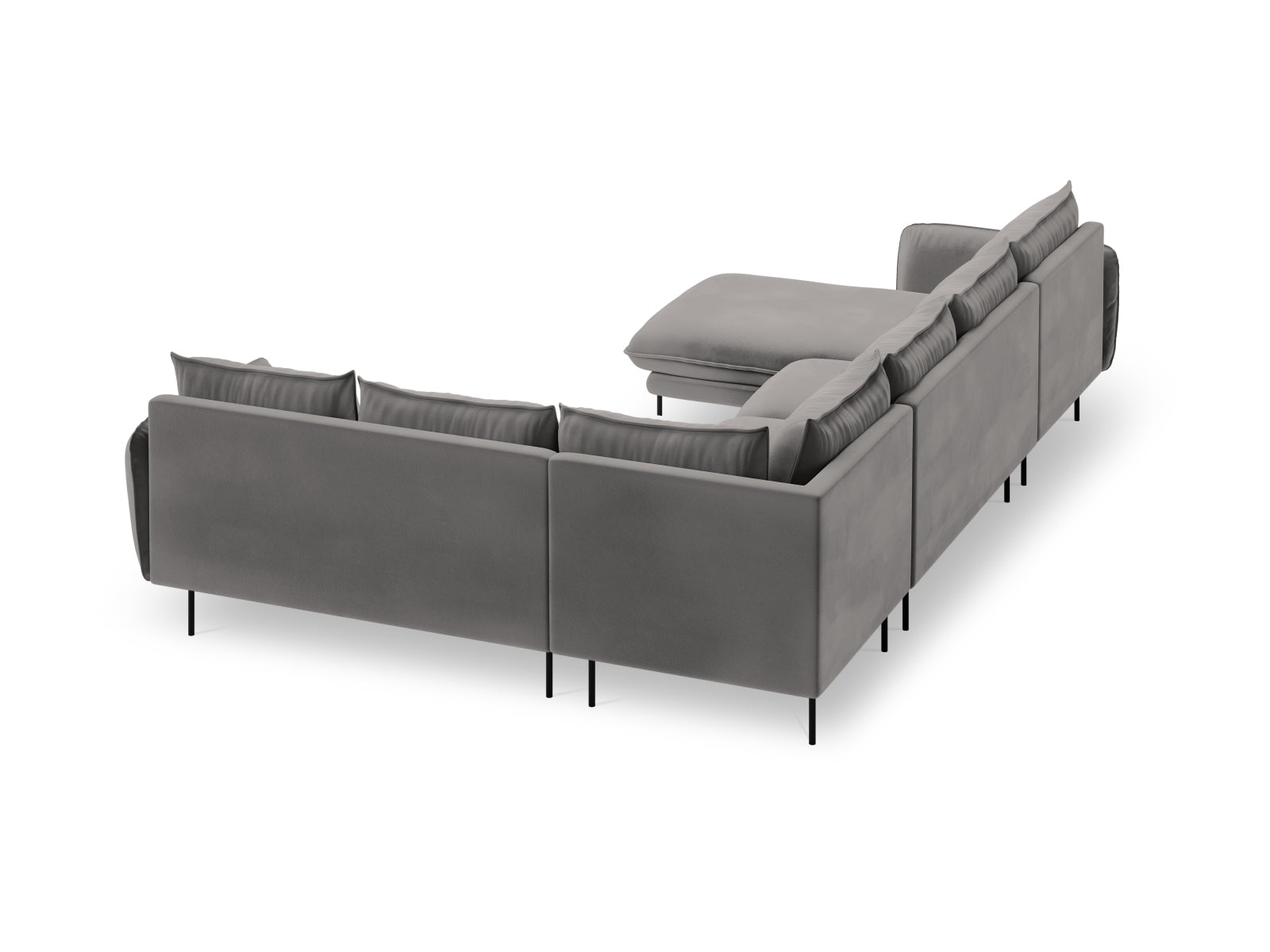 Elegantes 7-Sitzer Ecksofa in hochwertigem Velours, rechte Variante, ideal für stilvolle Wohnräume in sanften Grautönen.