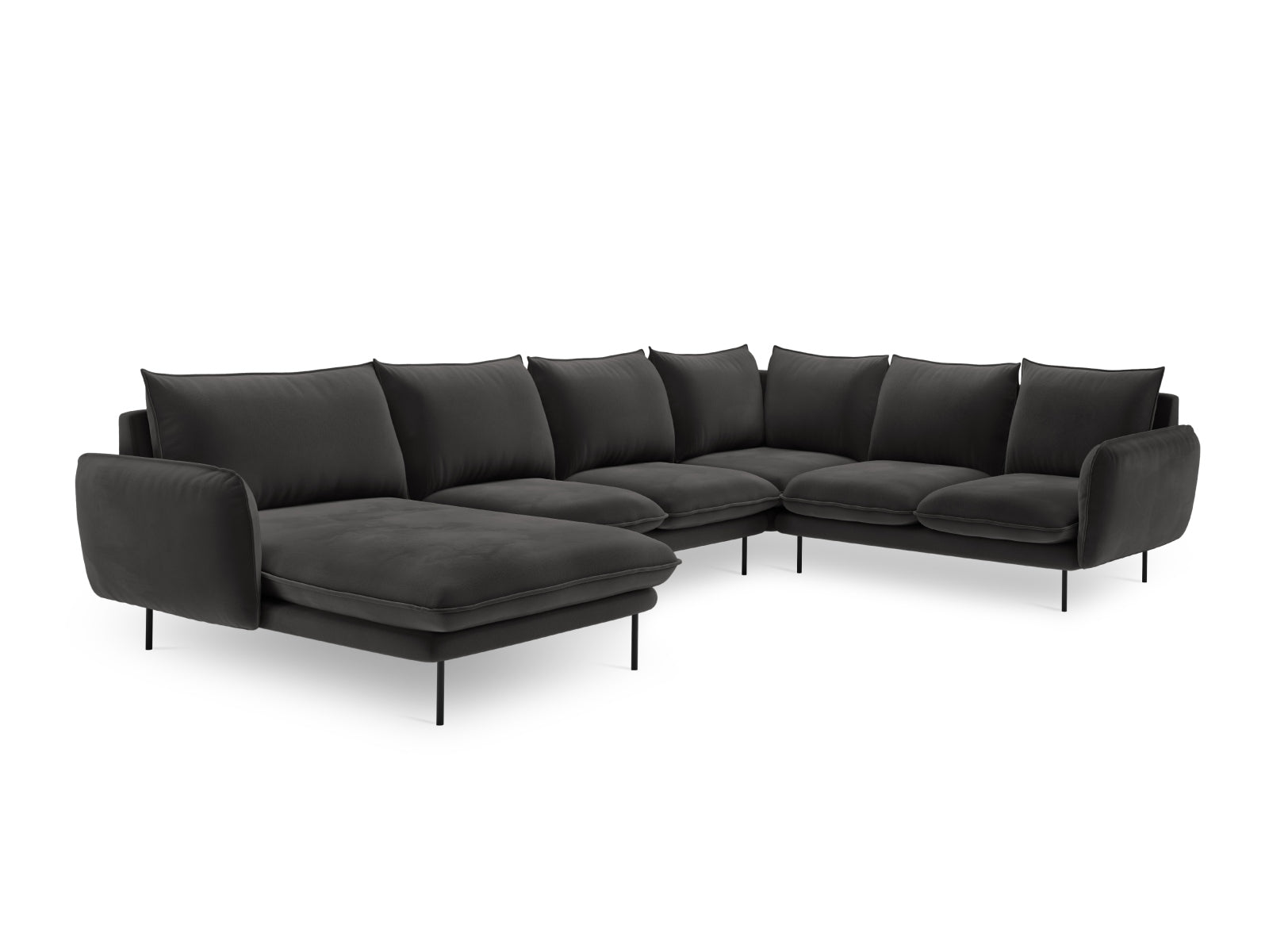 Modernes 7-sitziges Ecksofa in Velours, rechtsseitig, in edlem Dunkelgrau, perfekt für gemütliche und stilvolle Wohnambiente.