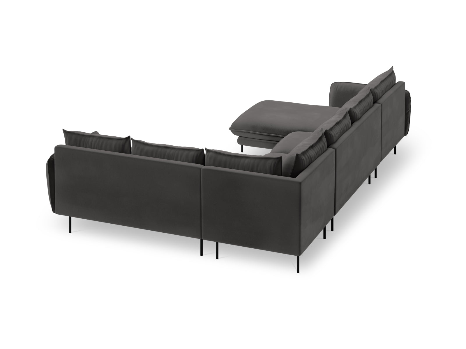 Elegantes 7-sitziges Ecksofa in hochwertigem Velours, rechtsseitig, in stilvollem Dunkelgrau, ideal für einladende Wohnräume.