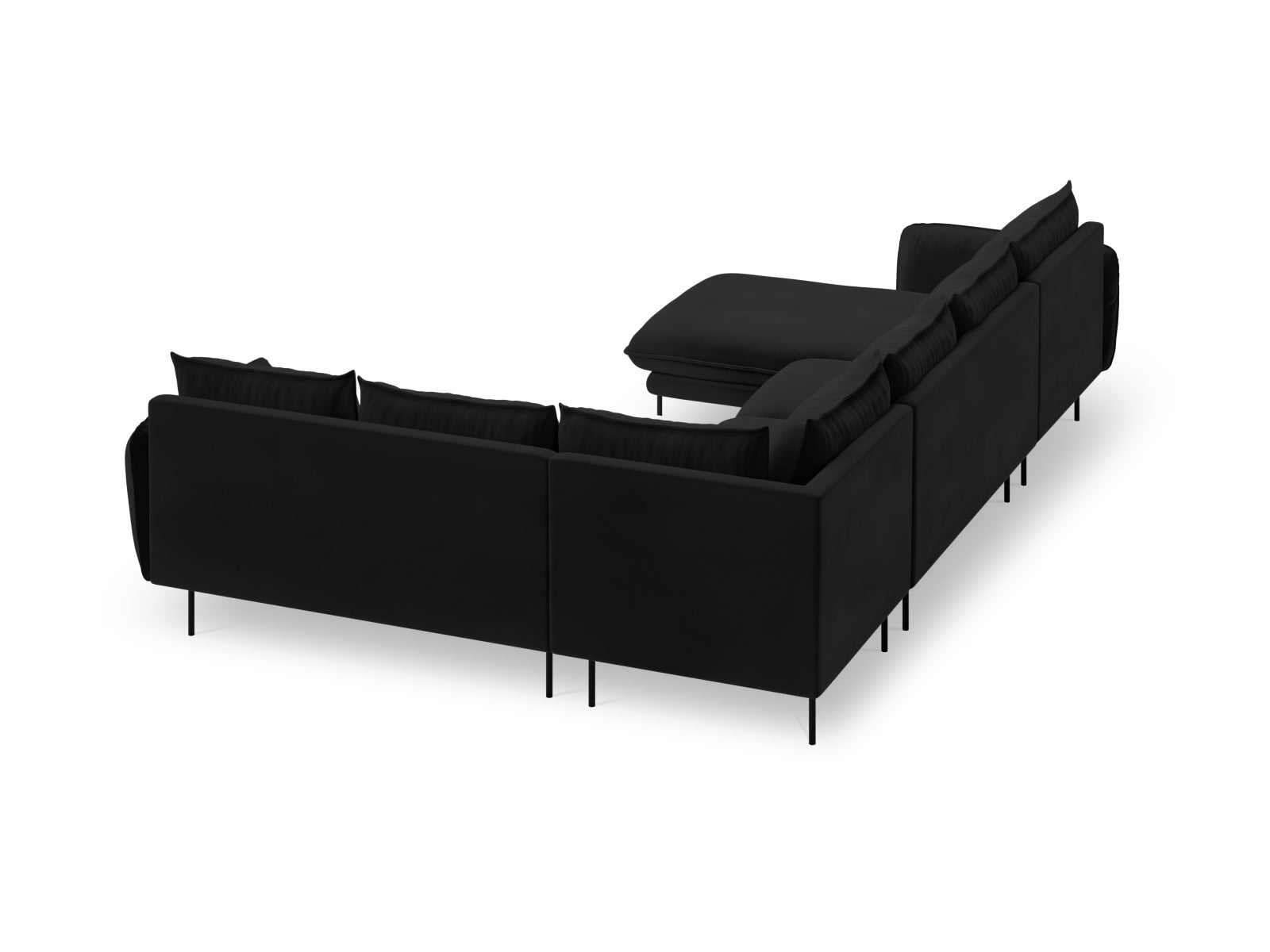 Elegantes, schwarzes 7-Sitzer Ecksofa Vienna Velour Panoramic, 235 cm, ideal für stilvolle und komfortable Wohnräume.