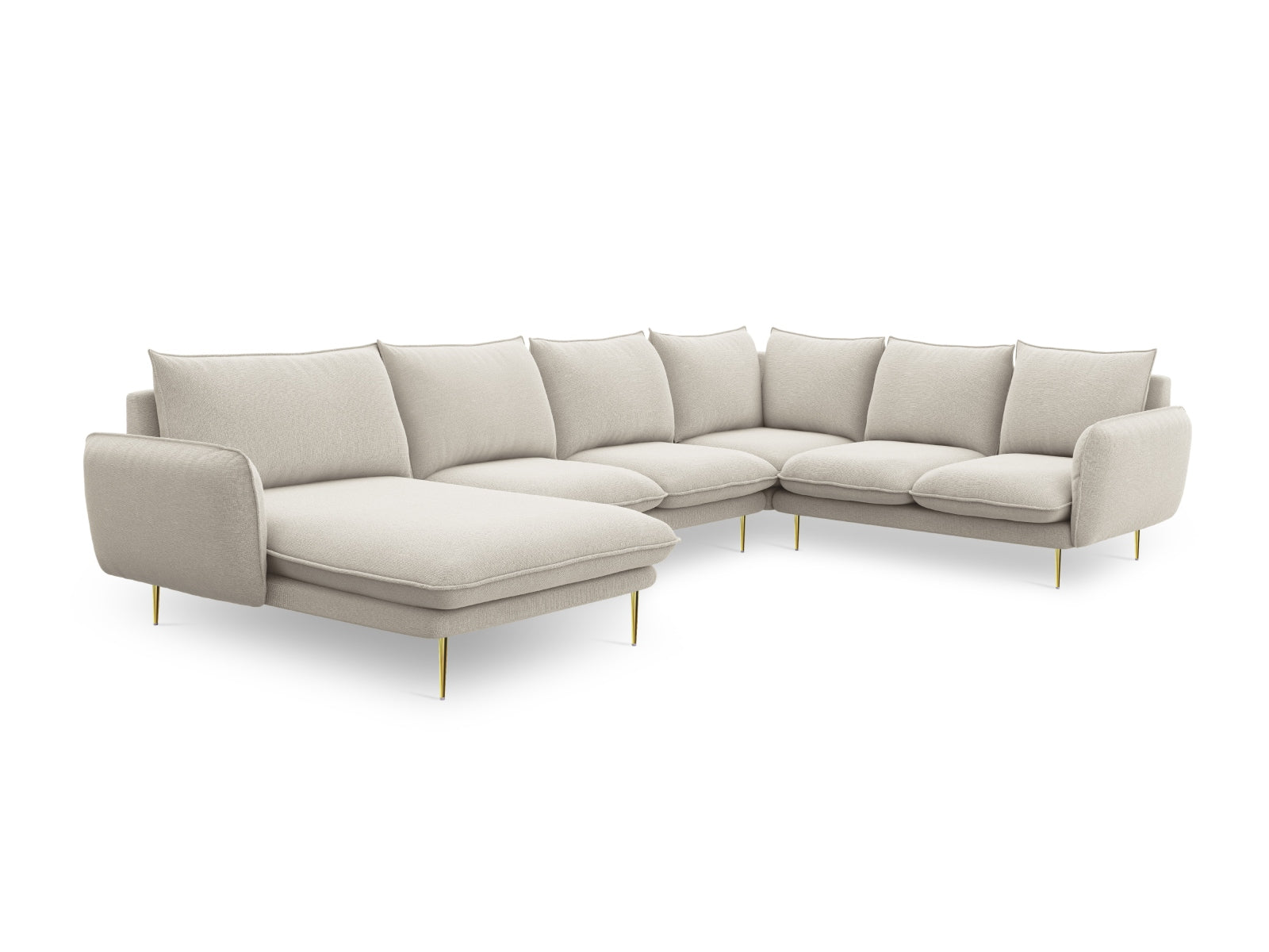 Elegantes 7-Sitzer Ecksofa "Vienna Panoramic" in Light Beige/Gold-Positano, 235 cm, ideal für gemütliche und moderne Wohnräume.