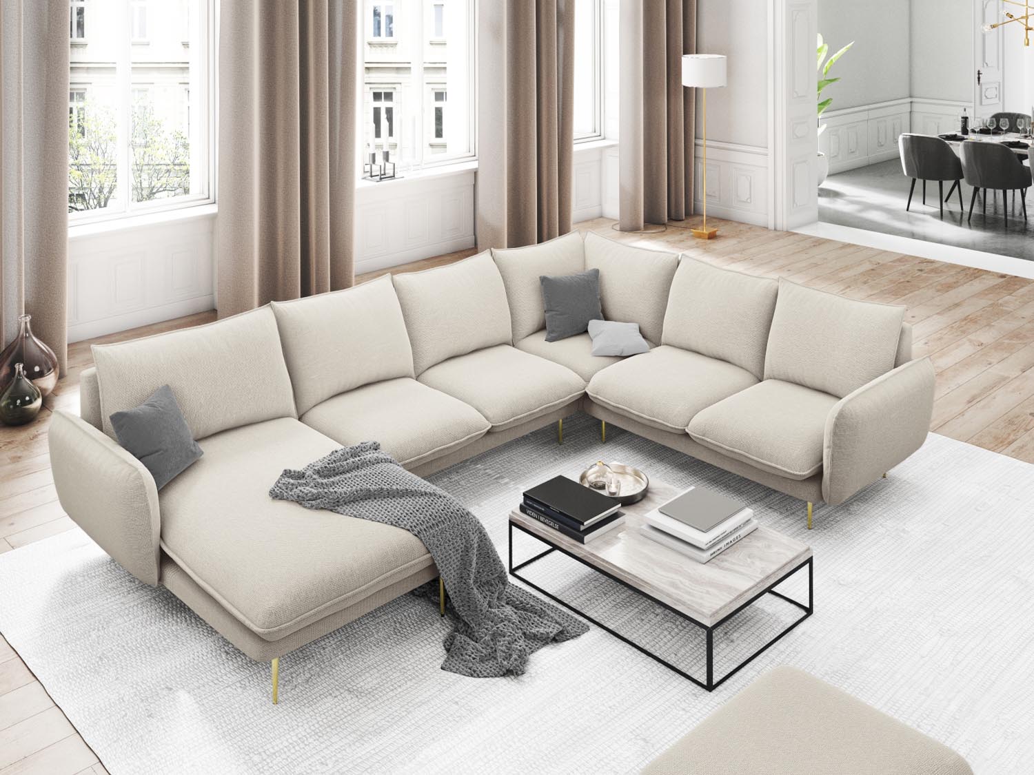 Elegantes Vienna Panoramic Ecksofa rechts, 7 Sitzer, 235 cm, in stilvollem Light Beige/Gold-Positano, ideal für moderne Wohnräume.
