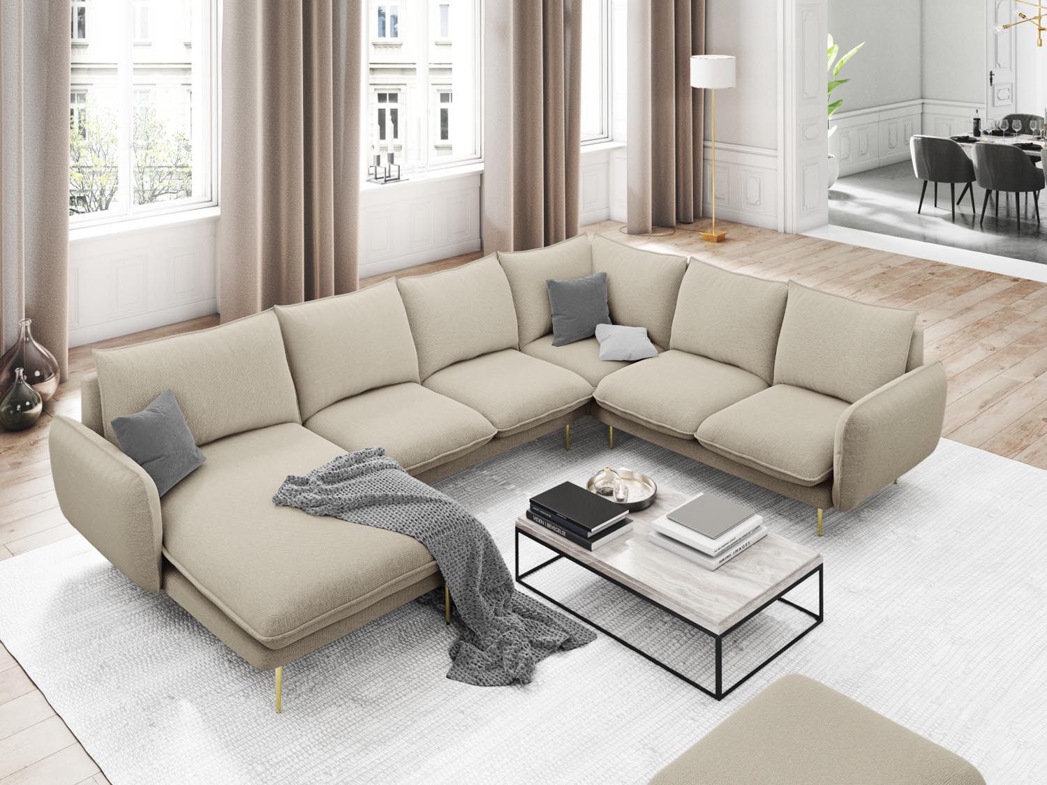 Elegantes Vienna Panoramic Ecksofa rechts, 7 Sitzer, 235 cm, in stilvollem Beige/Gold-Positano, ideal für moderne Wohnräume.