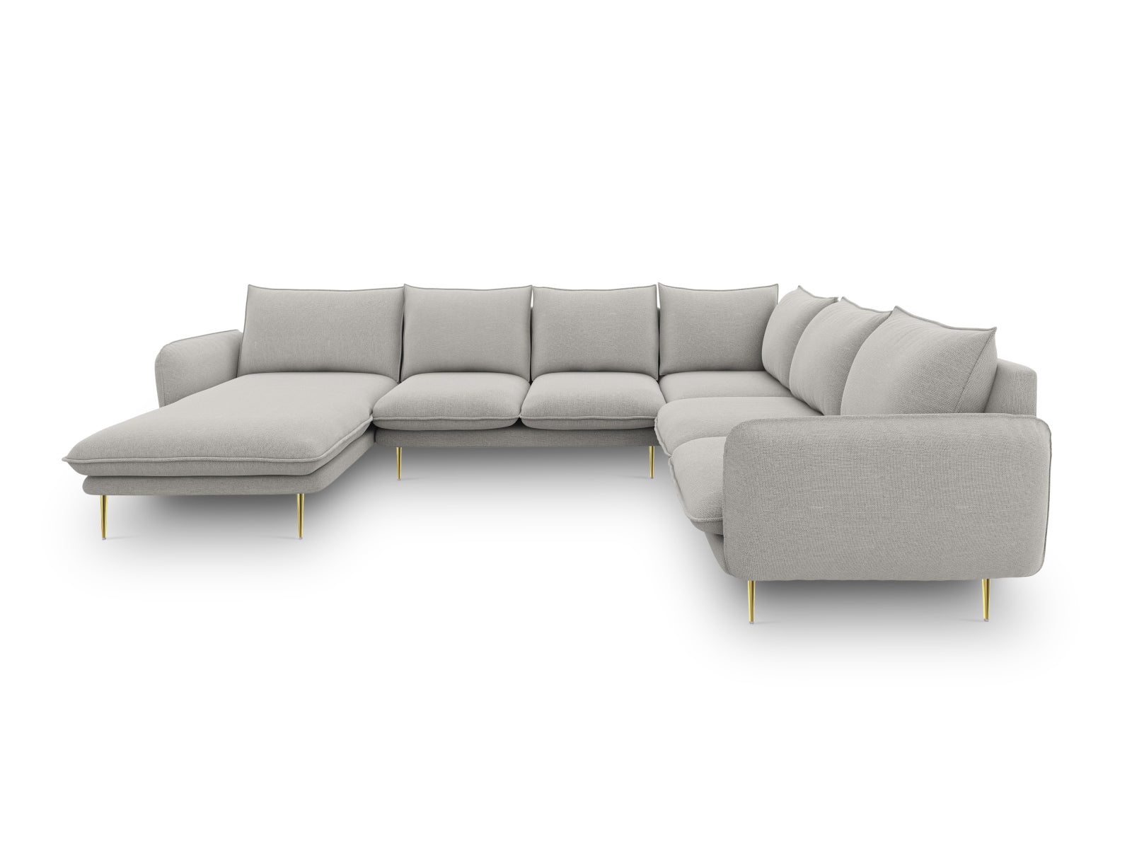 Modernes 7-sitziges Ecksofa "Vienna" in Light Grey, 235 cm, mit luxuriösen goldenen Details, perfekt für ein elegantes Ambiente.