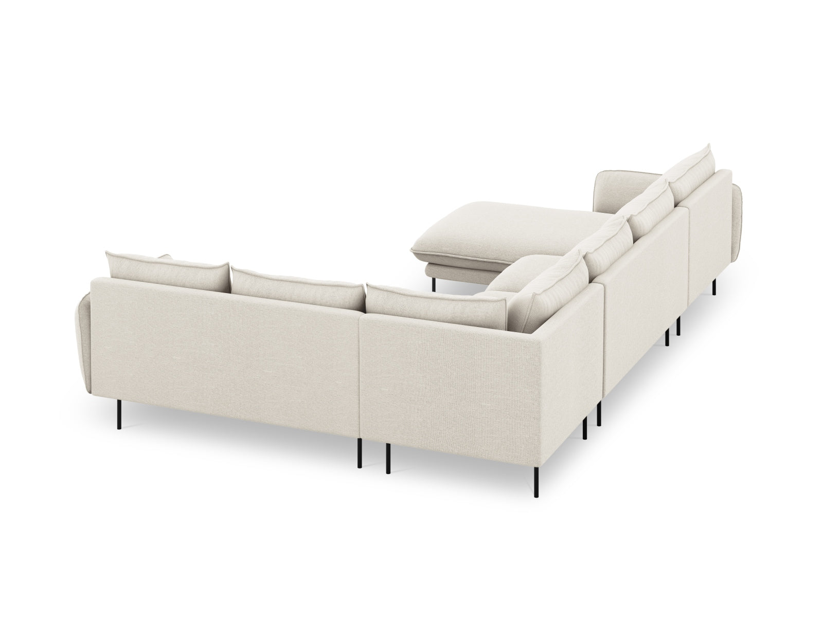 Stilvolles Vienna Panoramic Ecksofa in sanften Beige- und Schwarzfarben, perfekt für gesellige Abende und zeitgemäße Einrichtung, bietet Platz für 7 Personen.