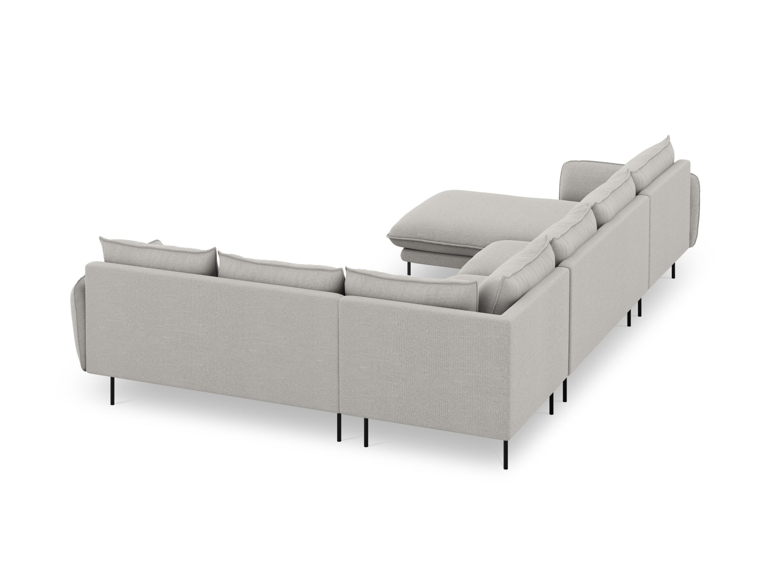 Modernes, hellgraues Ecksofa Vienna Panoramic mit 7 Sitzen und schwarzem Detail, perfekt für gemütliche Zusammenkünfte und stilvolle Einrichtung.
