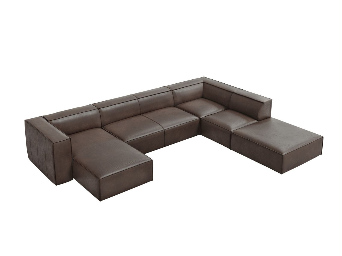 Cosmopolitan Design Turin Panorama-Ecksofa rechts aus Rindsleder in Grey Brown-Granada, mit Massivholzrahmen und Beinen aus Buchenholz.