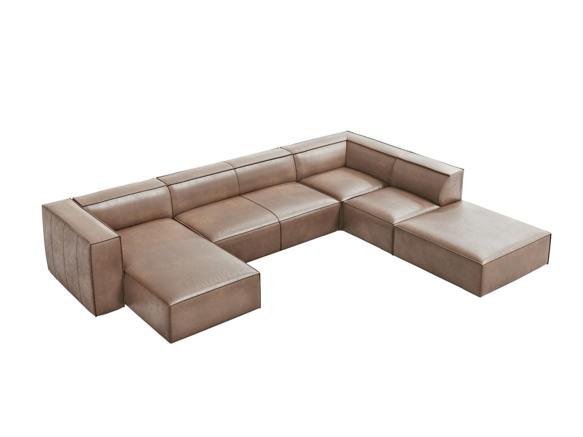 Cosmopolitan Design Turin Panorama-Ecksofa rechts aus Rindsleder in Grey Brown-Granada, mit Massivholzrahmen und Beinen aus Buchenholz.