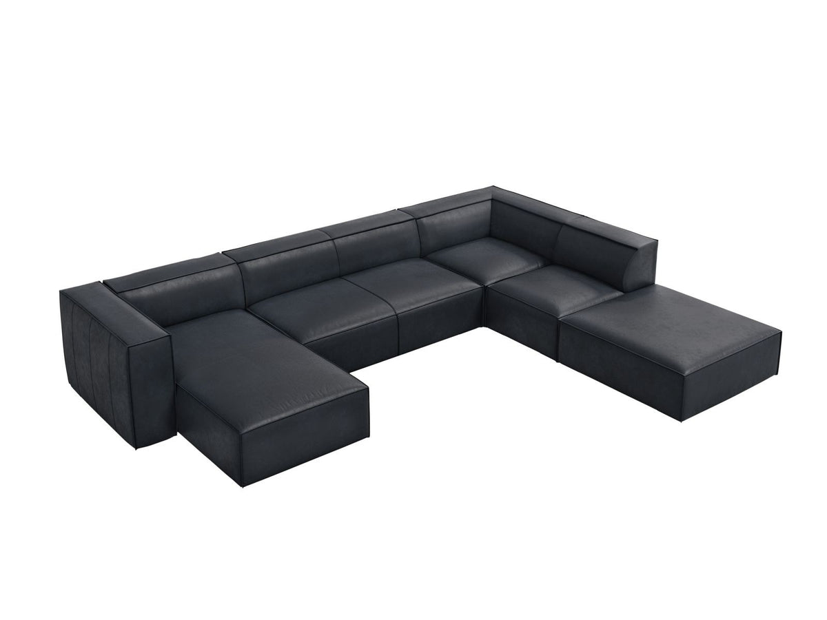 Cosmopolitan Design Turin Panorama-Ecksofa rechts aus Rindsleder in Grey Brown-Granada, mit Massivholzrahmen und Beinen aus Buchenholz.