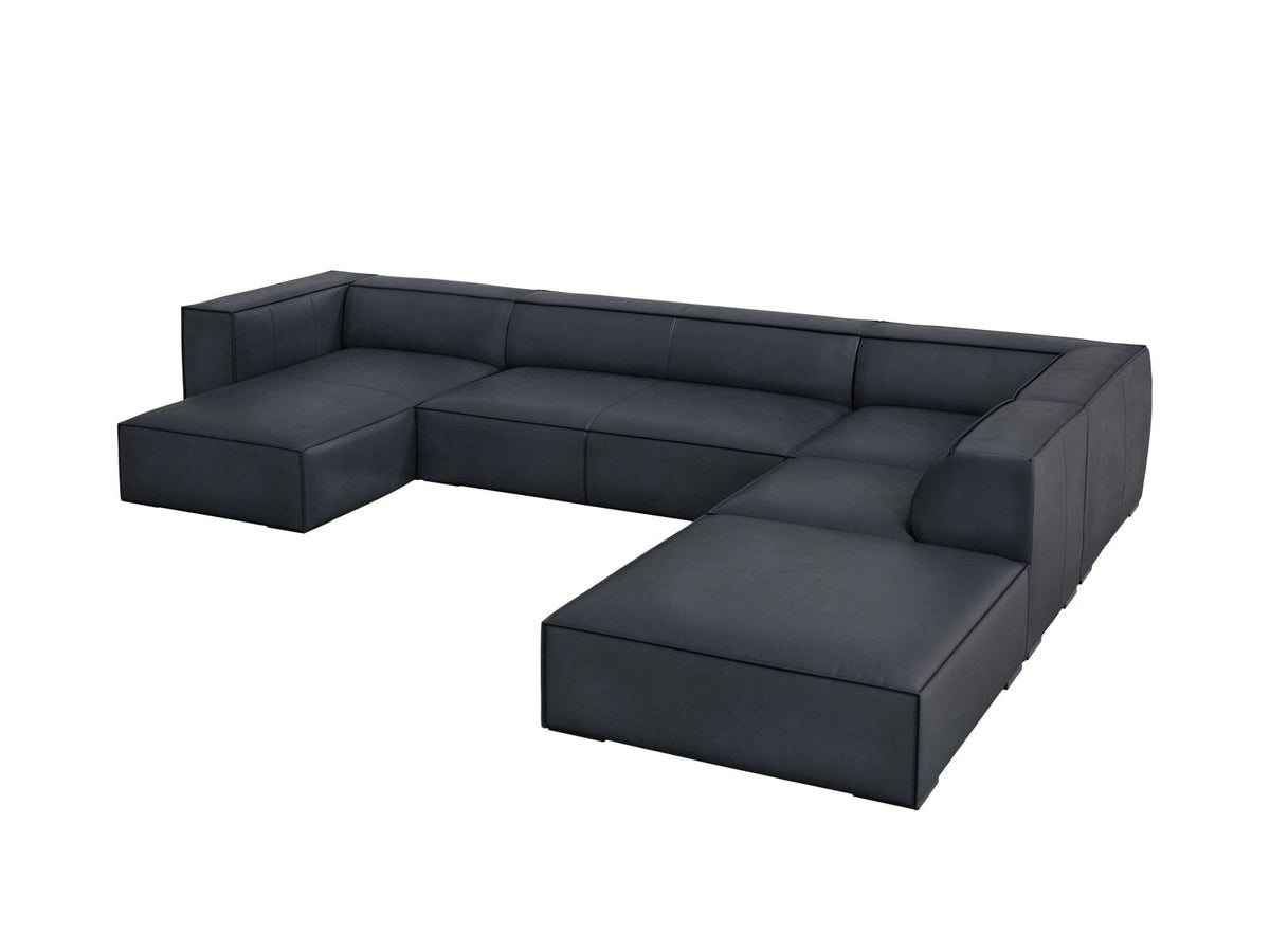 Cosmopolitan Design Turin Panorama-Ecksofa rechts aus Rindsleder in Grey Brown-Granada, mit Massivholzrahmen und Beinen aus Buchenholz.