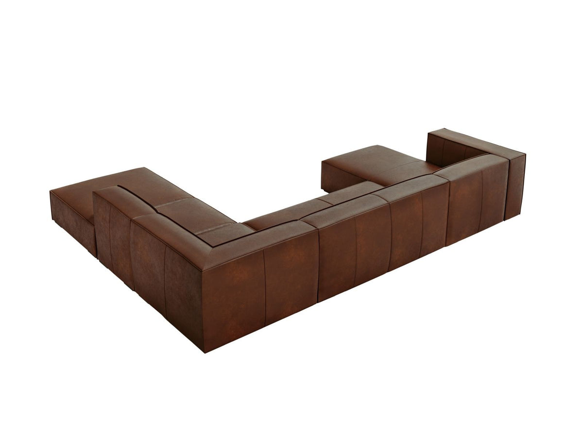 Cosmopolitan Design Turin Panorama-Ecksofa rechts aus Rindsleder in Grey Brown-Granada, mit Massivholzrahmen und Beinen aus Buchenholz.
