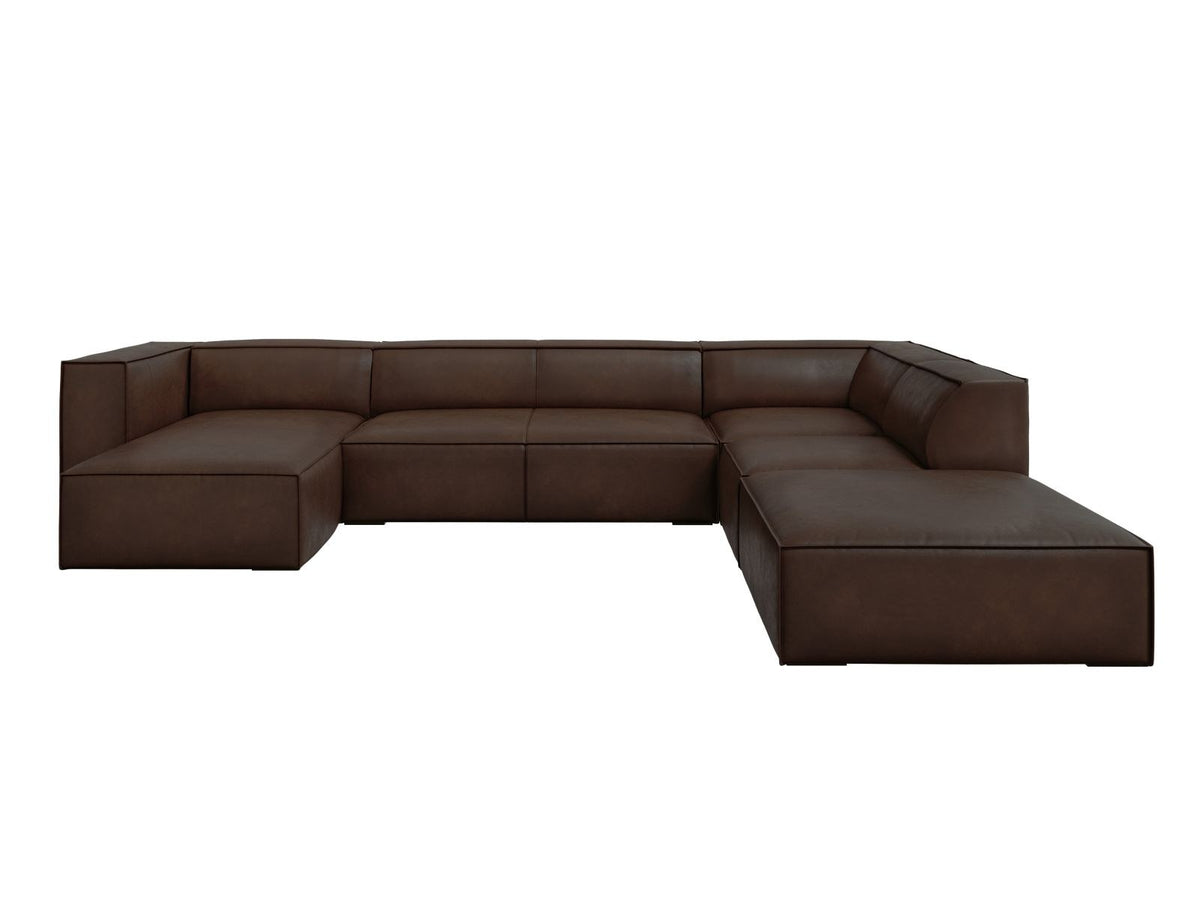 Cosmopolitan Design Turin Panorama-Ecksofa rechts aus Rindsleder in Grey Brown-Granada, mit Massivholzrahmen und Beinen aus Buchenholz.