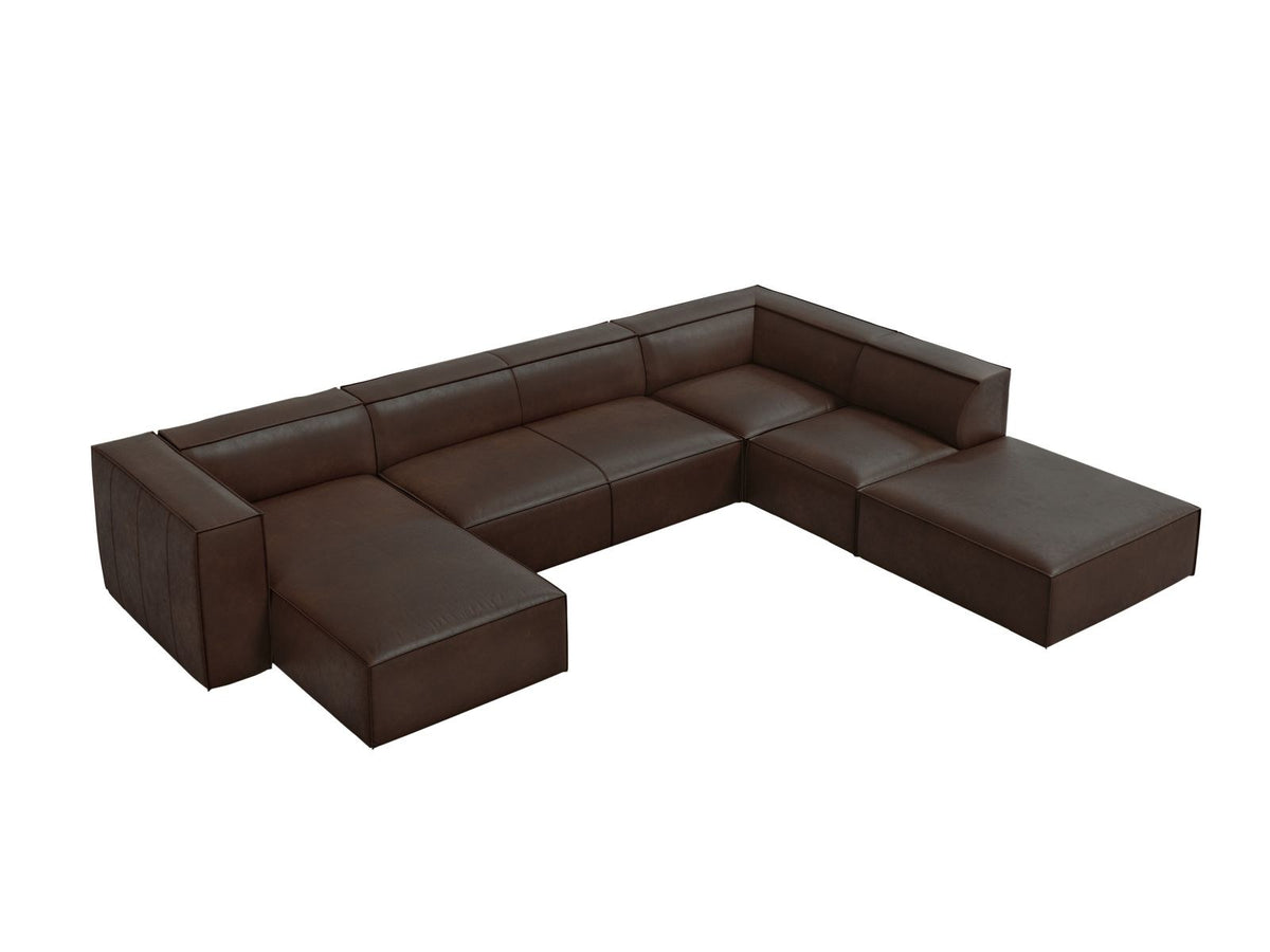 Cosmopolitan Design Turin Panorama-Ecksofa rechts aus Rindsleder in Grey Brown-Granada, mit Massivholzrahmen und Beinen aus Buchenholz.