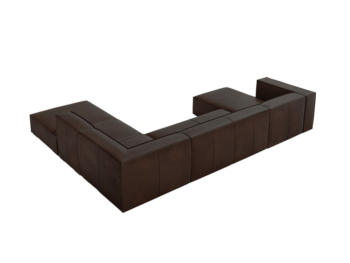 Cosmopolitan Design Turin Panorama-Ecksofa rechts aus Rindsleder in Grey Brown-Granada, mit Massivholzrahmen und Beinen aus Buchenholz.