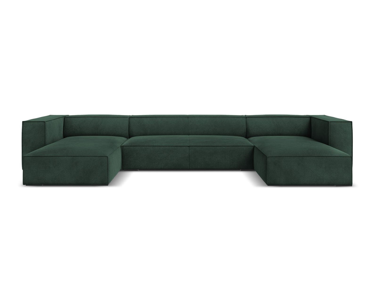 Terracotta-farbenes Panorama-Sofa mit Récamiere, Chenille-Bezug, schwarzen Buchenholzbeinen und Kiefer-Rahmen, sechs Sitzplätze.