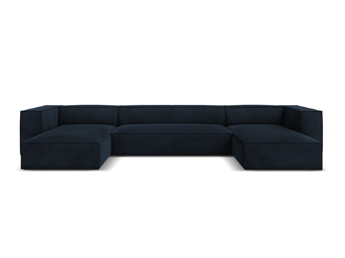 Terracotta-farbenes Panorama-Sofa mit Récamiere, Chenille-Bezug, schwarzen Buchenholzbeinen und Kiefer-Rahmen, sechs Sitzplätze.