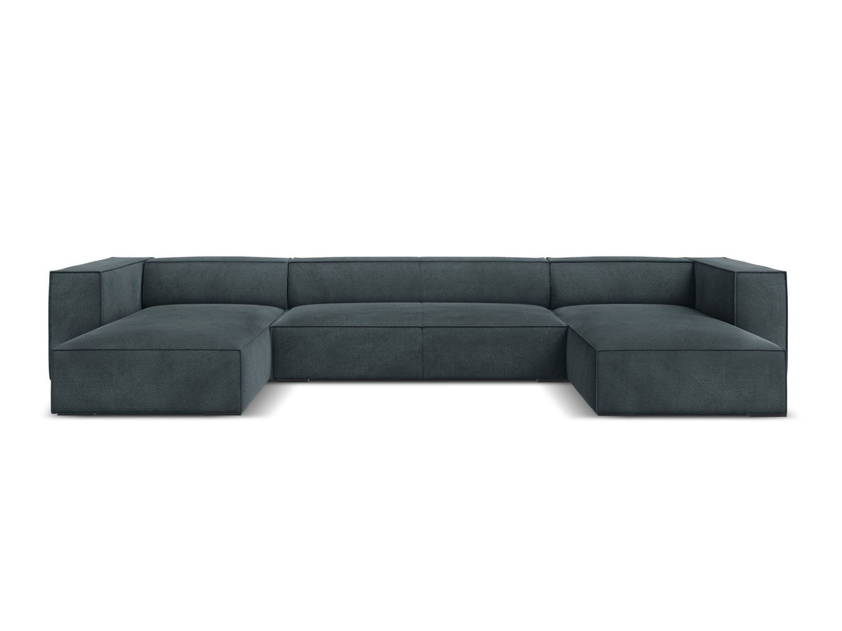 Terracotta-farbenes Panorama-Sofa mit Récamiere, Chenille-Bezug, schwarzen Buchenholzbeinen und Kiefer-Rahmen, sechs Sitzplätze.