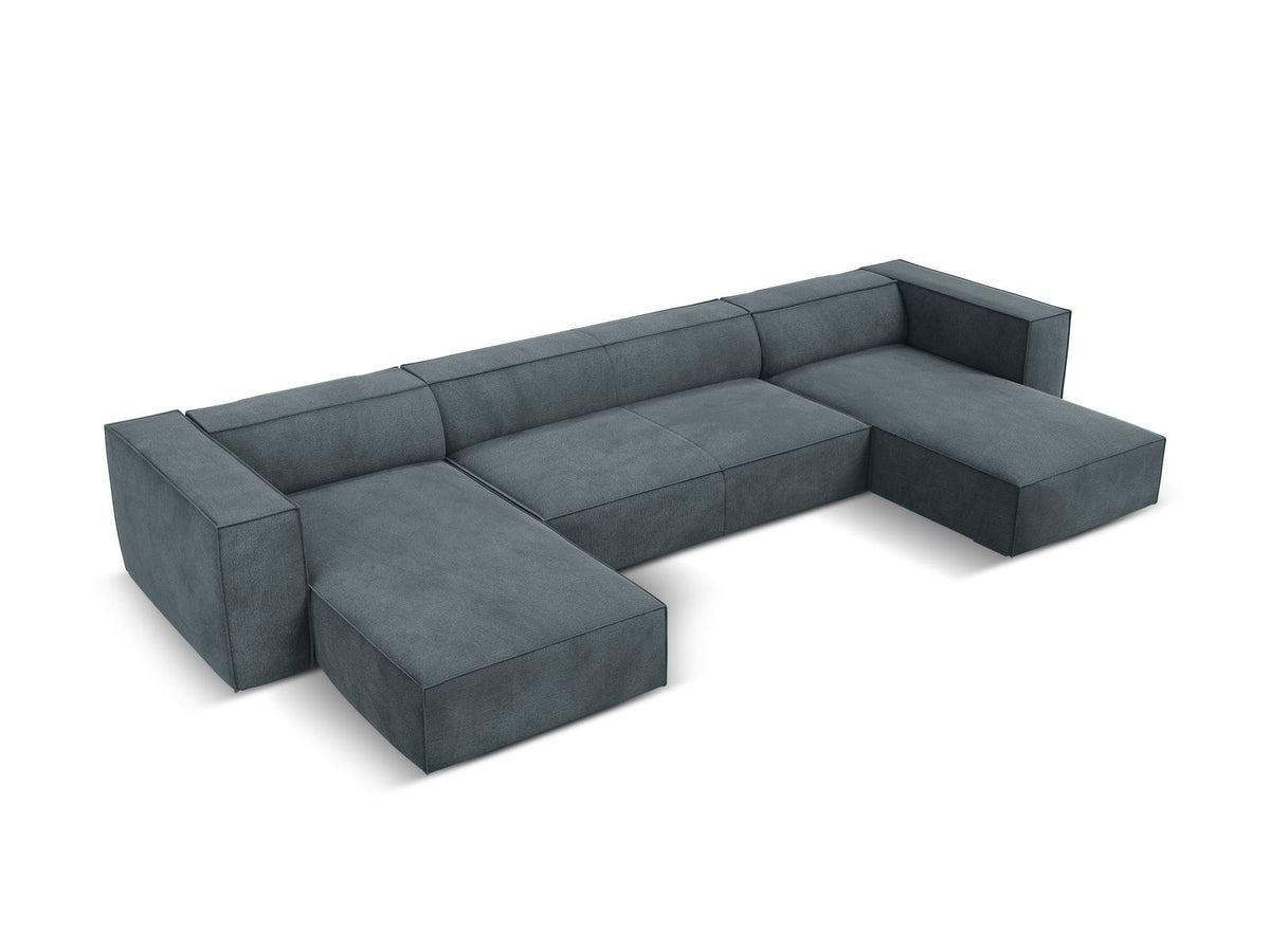 Terracotta-farbenes Panorama-Sofa mit Récamiere, Chenille-Bezug, schwarzen Buchenholzbeinen und Kiefer-Rahmen, sechs Sitzplätze.