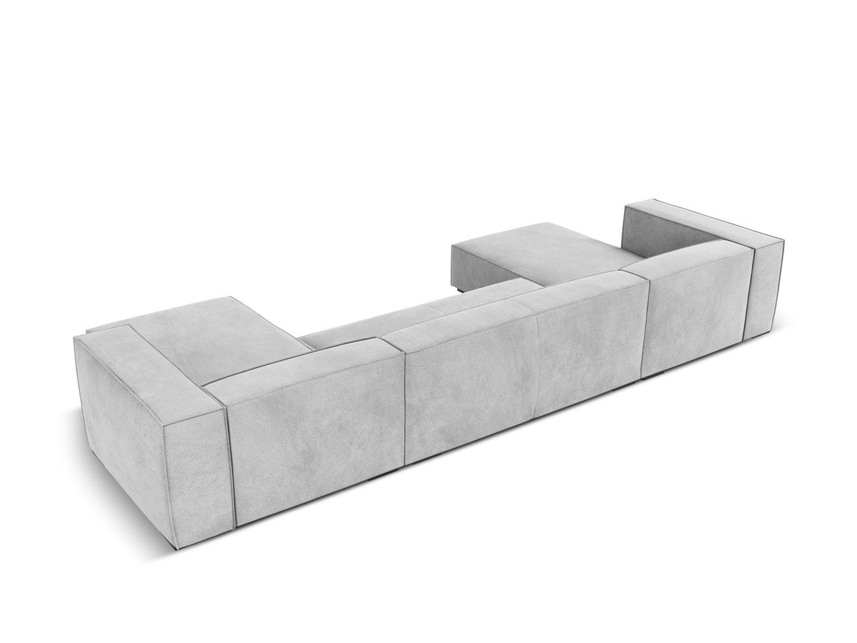 Terracotta-farbenes Panorama-Sofa mit Récamiere, Chenille-Bezug, schwarzen Buchenholzbeinen und Kiefer-Rahmen, sechs Sitzplätze.