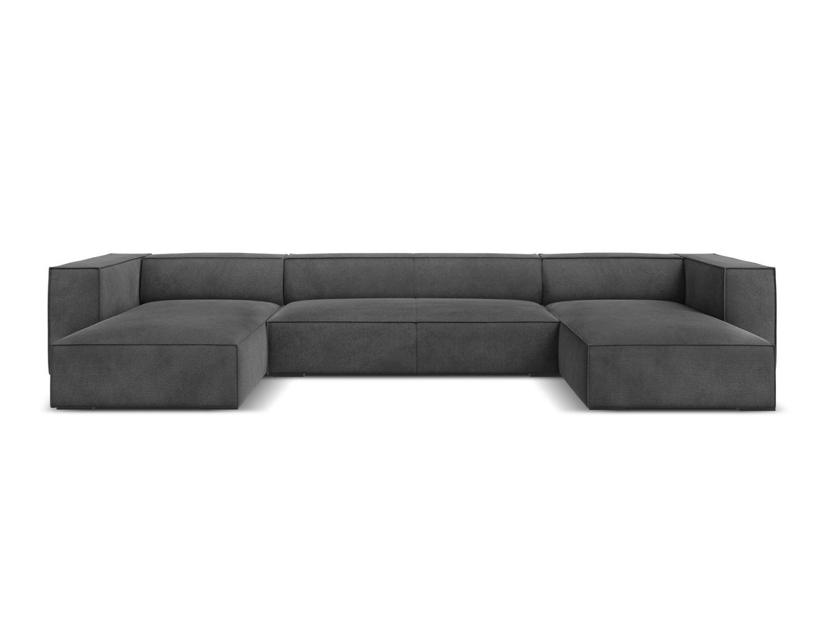 Terracotta-farbenes Panorama-Sofa mit Récamiere, Chenille-Bezug, schwarzen Buchenholzbeinen und Kiefer-Rahmen, sechs Sitzplätze.