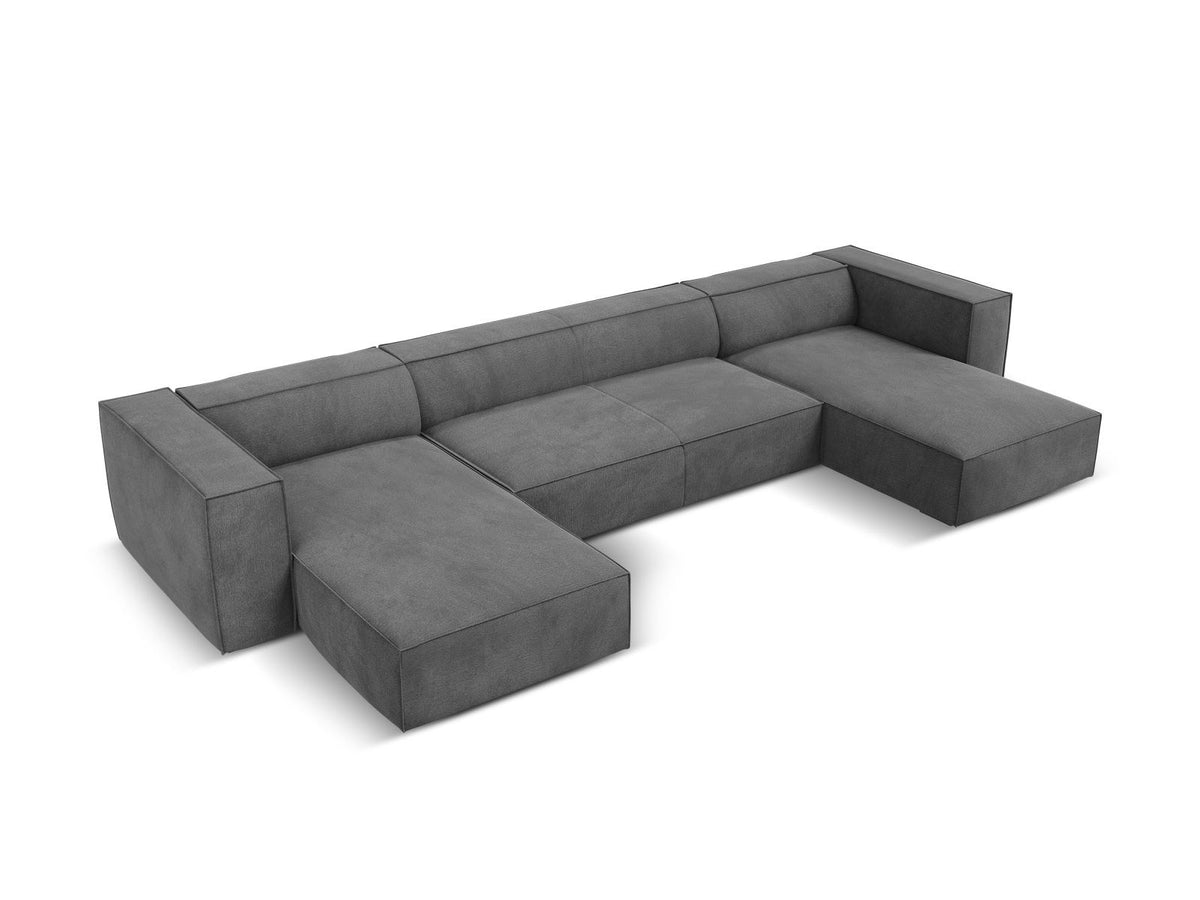 Terracotta-farbenes Panorama-Sofa mit Récamiere, Chenille-Bezug, schwarzen Buchenholzbeinen und Kiefer-Rahmen, sechs Sitzplätze.