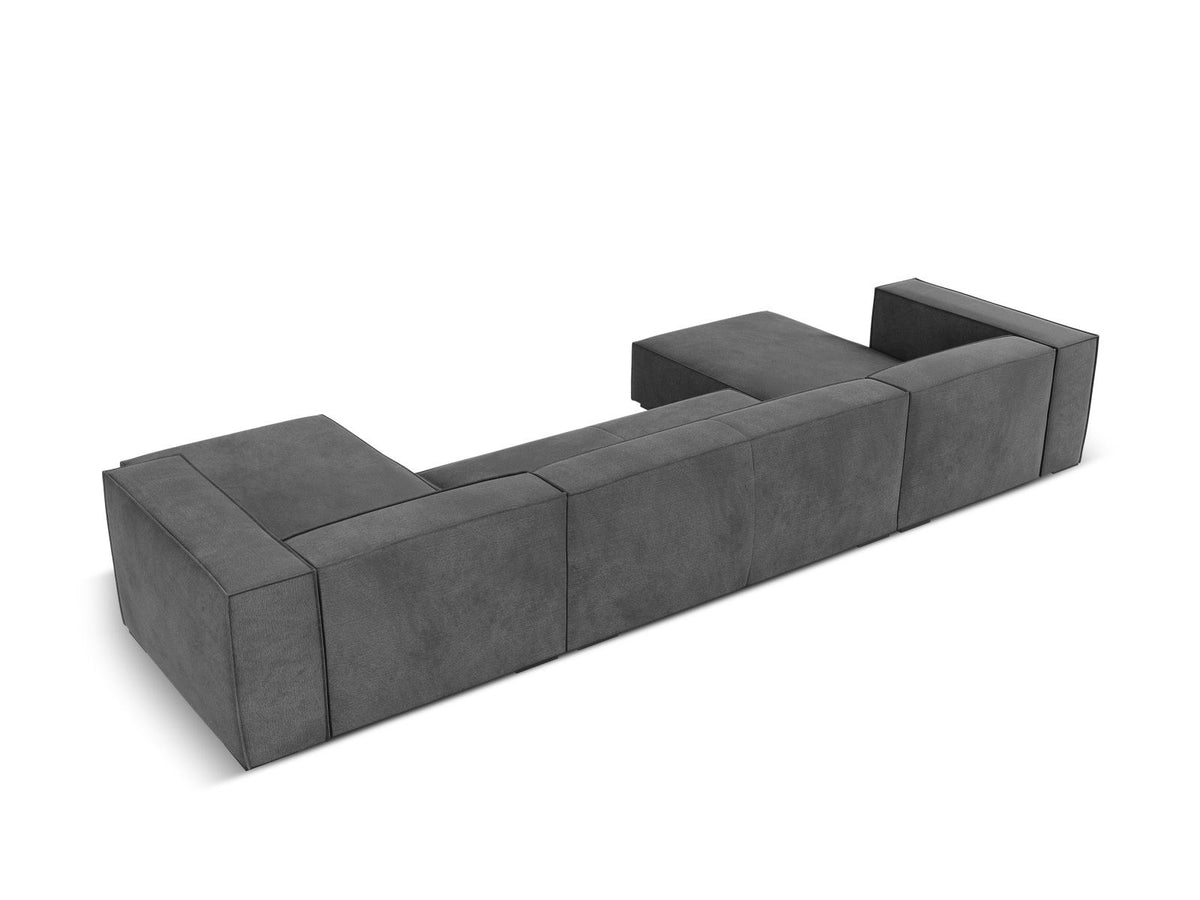 Terracotta-farbenes Panorama-Sofa mit Récamiere, Chenille-Bezug, schwarzen Buchenholzbeinen und Kiefer-Rahmen, sechs Sitzplätze.