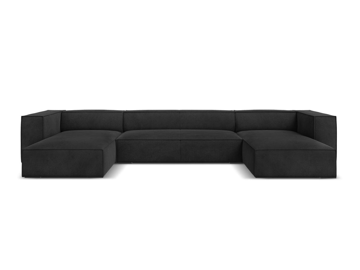 Terracotta-farbenes Panorama-Sofa mit Récamiere, Chenille-Bezug, schwarzen Buchenholzbeinen und Kiefer-Rahmen, sechs Sitzplätze.