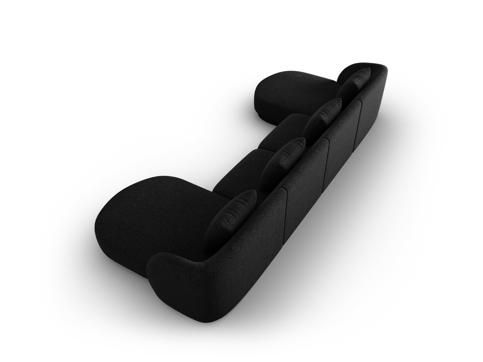 Schwarzes Tulum Panoramic Sofa für 5 Personen, modernes und elegantes Design, perfekt für gemütliche und stilvolle Wohnbereiche.
