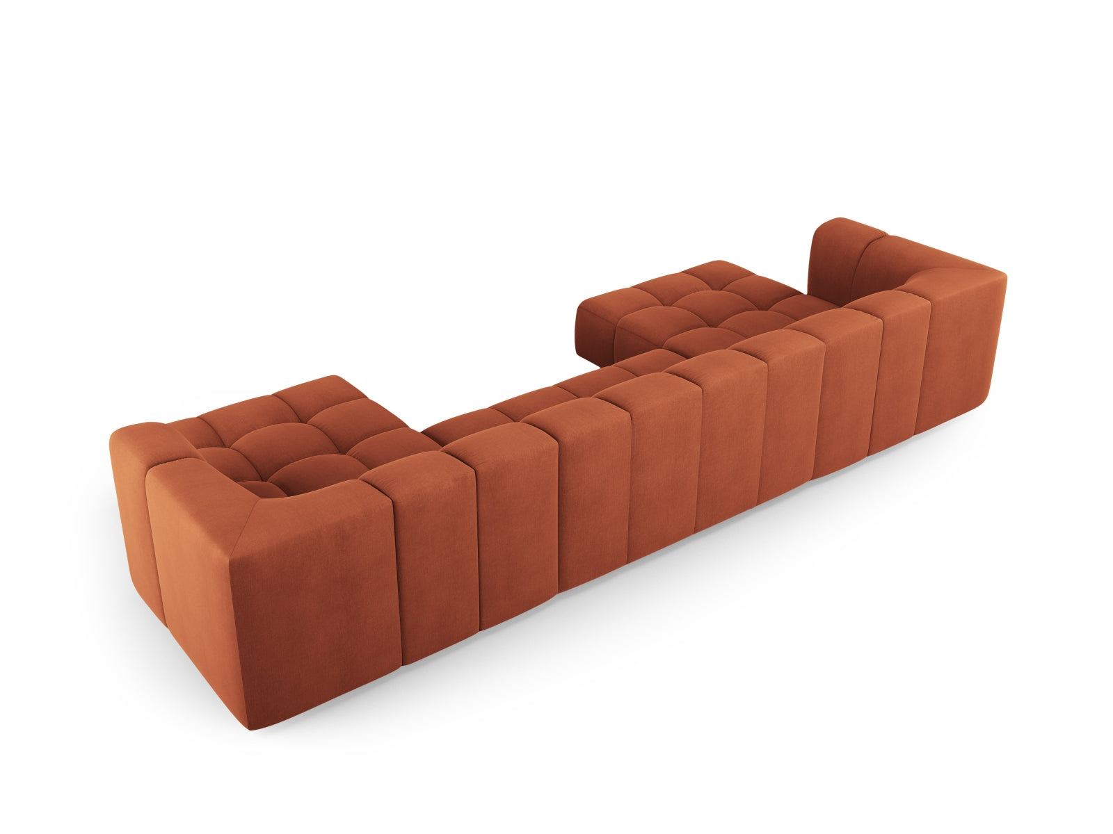 Moderne 5-Sitzer Panoramabank Moritz in strahlendem Orange, perfekt für einladende Wohnbereiche und gesellige Abende.