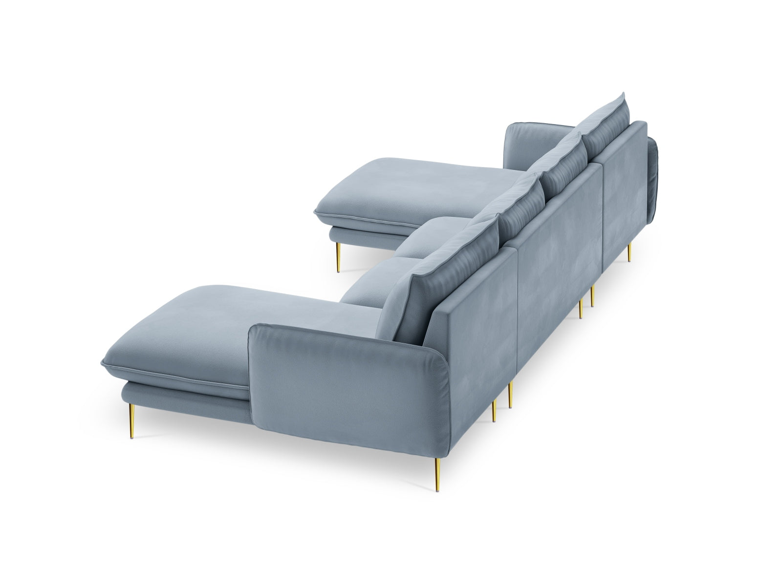 Elegantes 6-Sitzer Sofa im Veloursdesign, ideal für stilvolle Wohnzimmer, in sanften Blautönen für ein modernes Ambiente.
