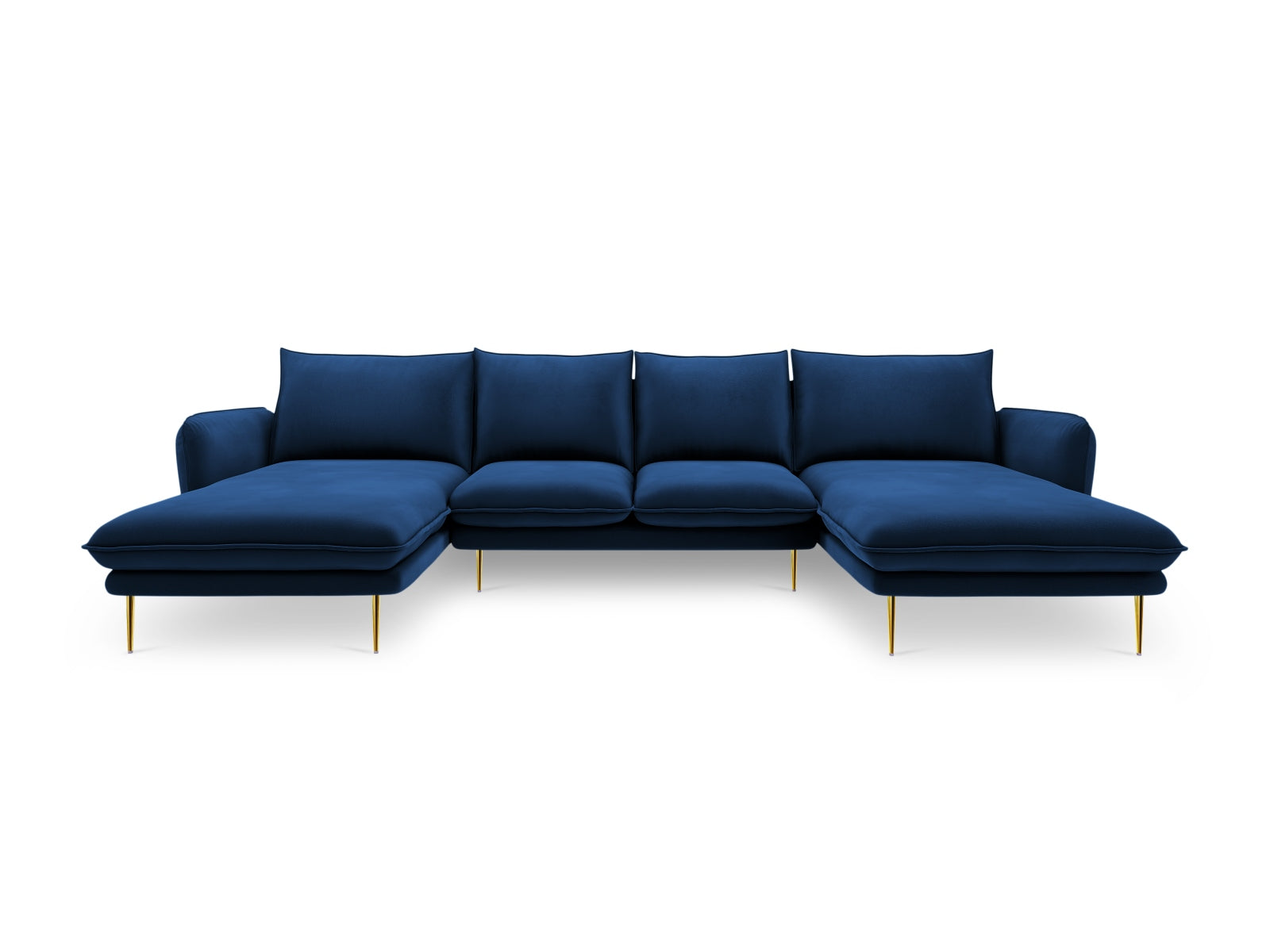Elegantes 6-Sitzer Velour Sofa in Royalblau mit goldenen Akzenten, ideal für stilvolle Wohnräume. Perfekte Kombination aus Komfort und Design.