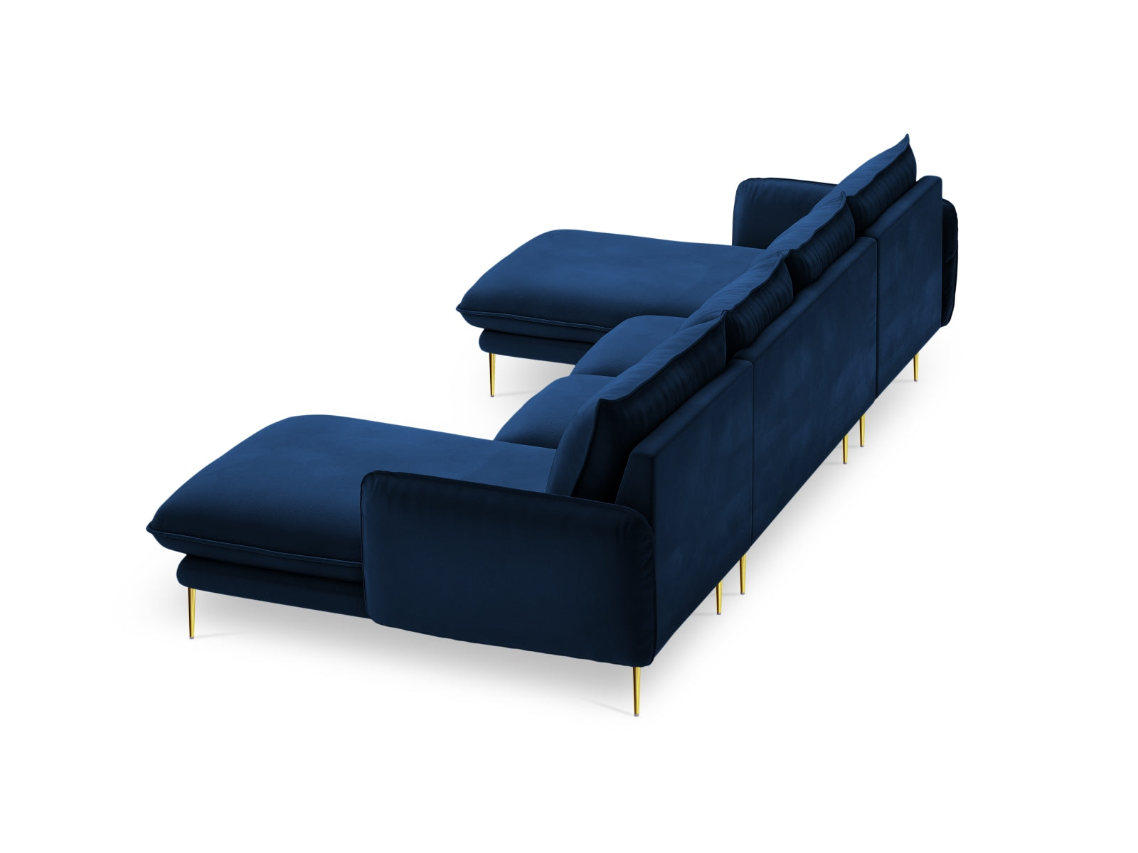 Elegantes 6-Sitzer Velourssofa in Royalblau mit goldenen Akzenten, ideal für stilvolle Wohnräume und gesellige Abende.