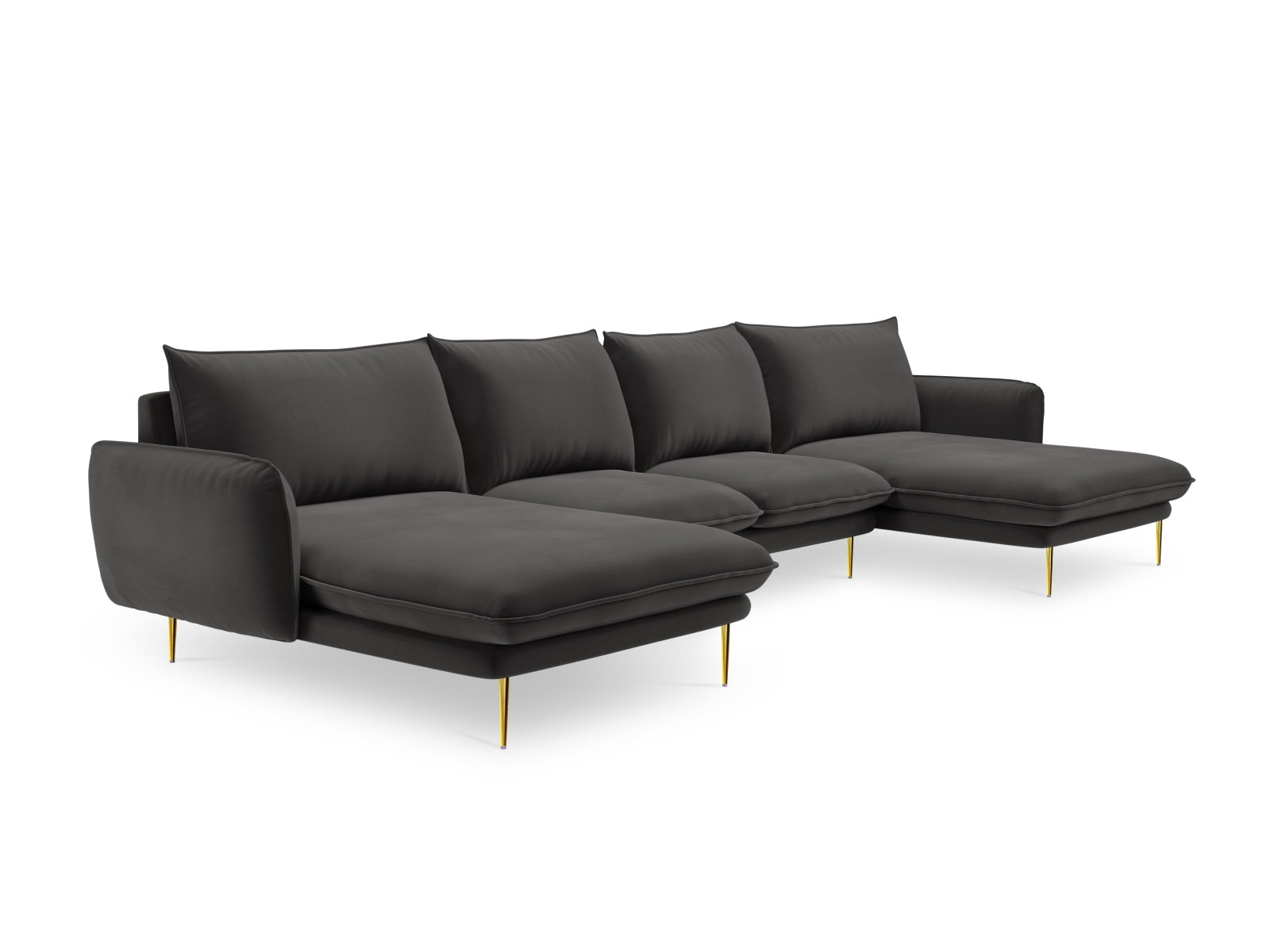 Modernes 6-Sitzer Sofa im Velours-Stil, dunkelgrau mit goldenen Details, perfekt für gemütliche und elegante Wohnbereiche.