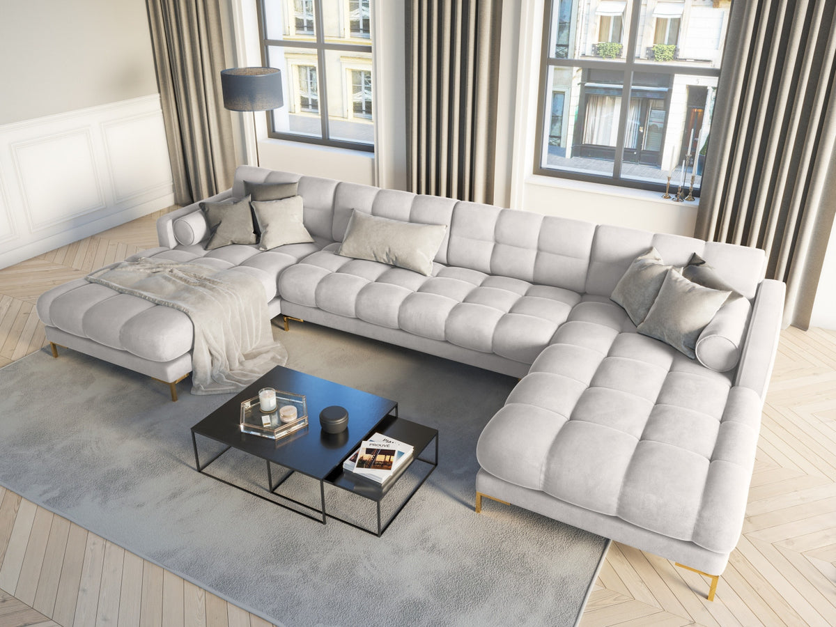 Ecksofa 7-Sitzer Panoramic Sofa Bali mit Stoffbezug, Récamière und Metallbeinen