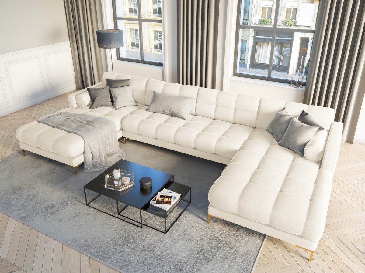 Ecksofa 7-Sitzer Panoramic Sofa Bali mit Stoffbezug, Récamière und Metallbeinen