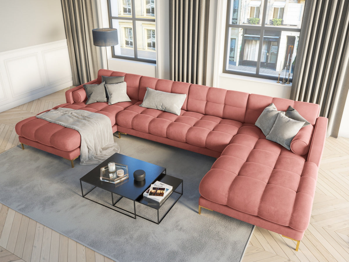 Ecksofa 7-Sitzer Panoramic Sofa Bali mit Stoffbezug, Récamière und Metallbeinen